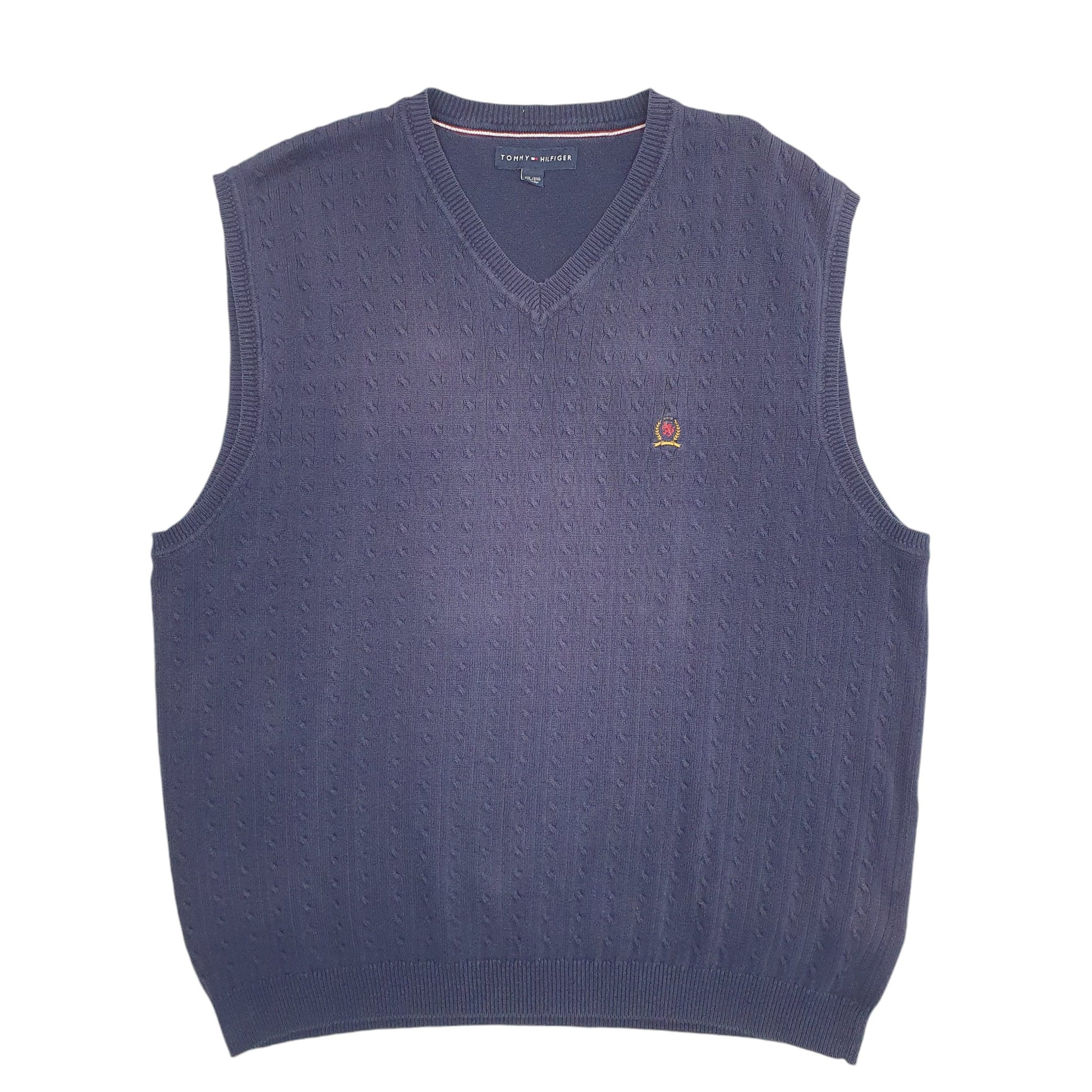 Mens Navy Tommy Hilfiger Knit Crest Cable Vest Jumper
