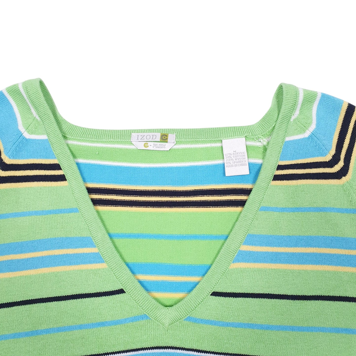 Womens Green Izod Stripe Raglan V Neck Jumper