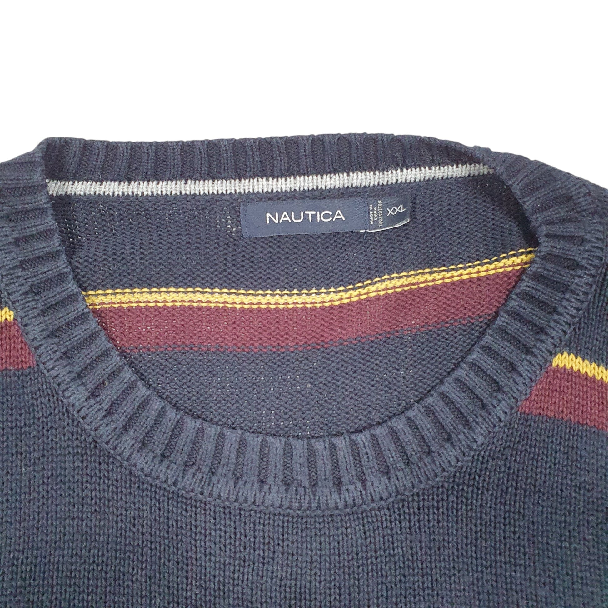 Mens Navy Nautica Knit Striped Sweater Crewneck Jumper