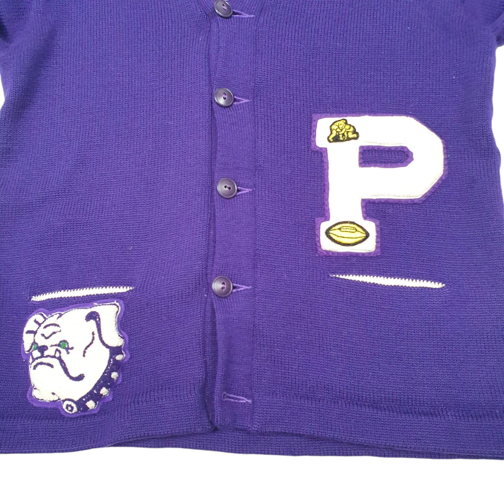 Mens Purple Lasley Knitting Co Vintage 50s 60s Letterman Bulldogs Football Made In USA Cardigan Jumper