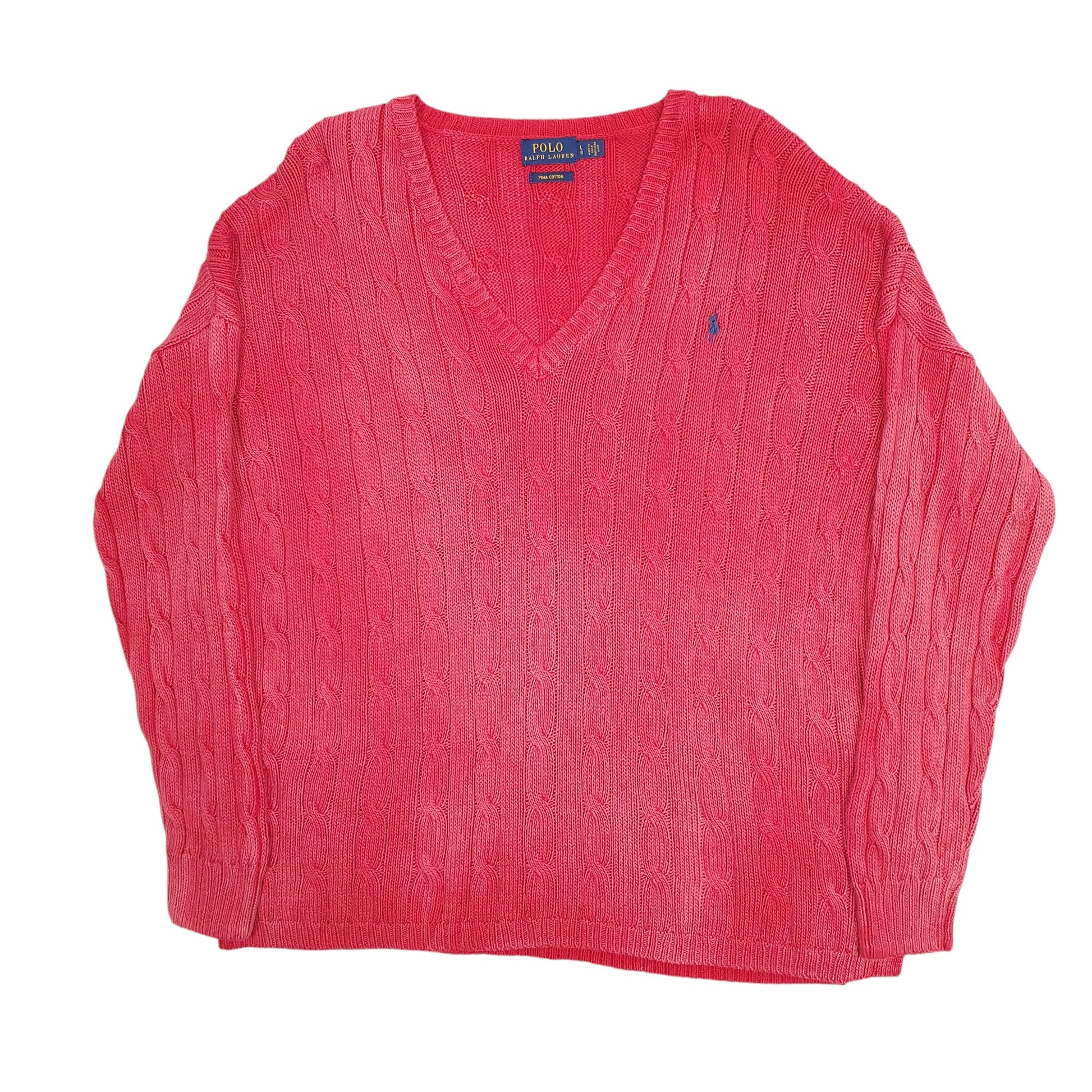 Womens Red Polo Ralph Lauren Cable Knit V Neck Jumper