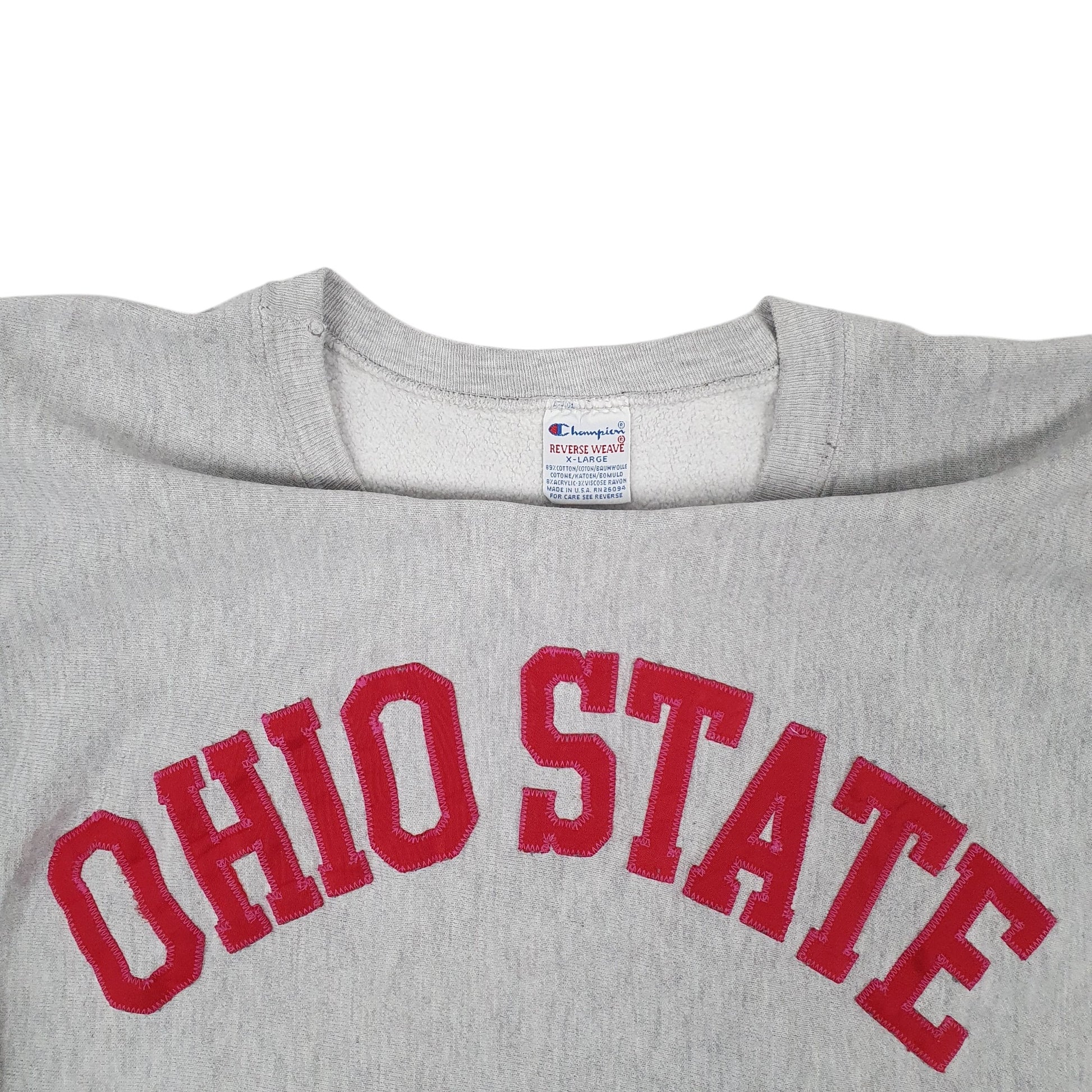 Mens Grey Champion Ohio State Raised Embroidered Reverse Weave Made In USA Vintage 90s Crewneck Jumper