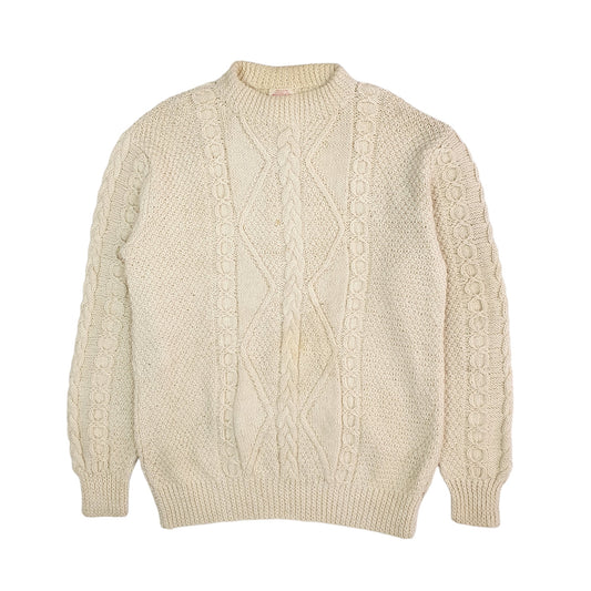 Mens Beige Saks Fifth Avenue Vintage 1960s Made in Ireland Chunky Knit Arran Crewneck Jumper