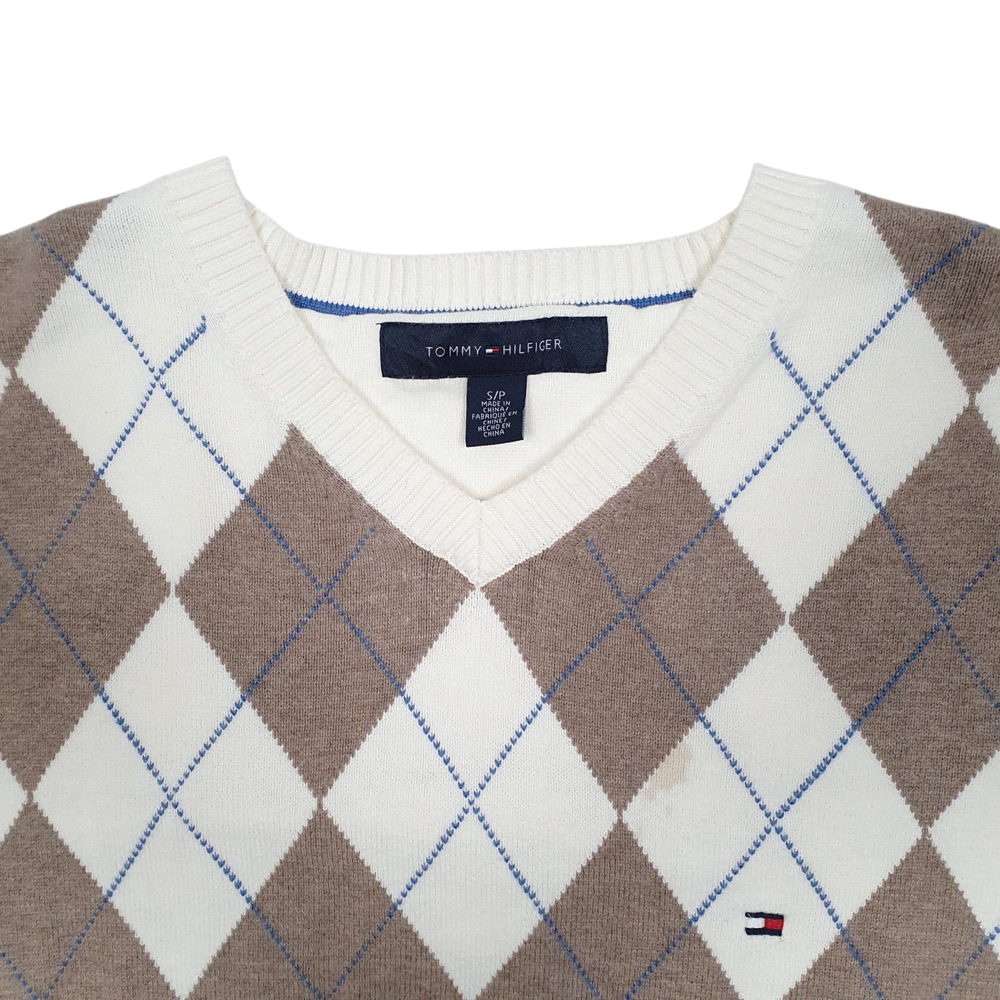 Mens Cream Tommy Hilfiger Knit Argyle V Neck Jumper