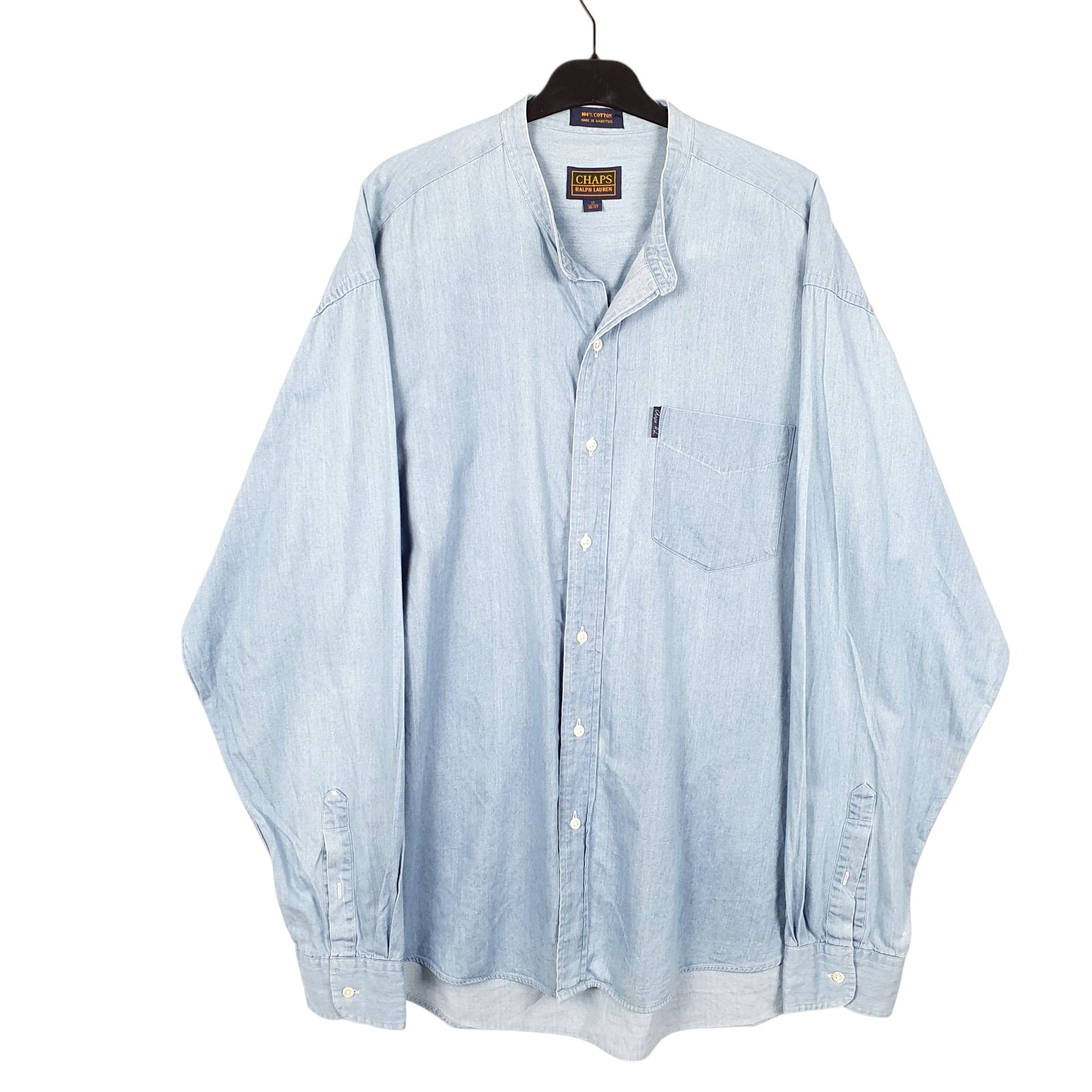 Mens Blue Ralph Lauren Vintage Grandad Collar Chambray Long Sleeve Shirt