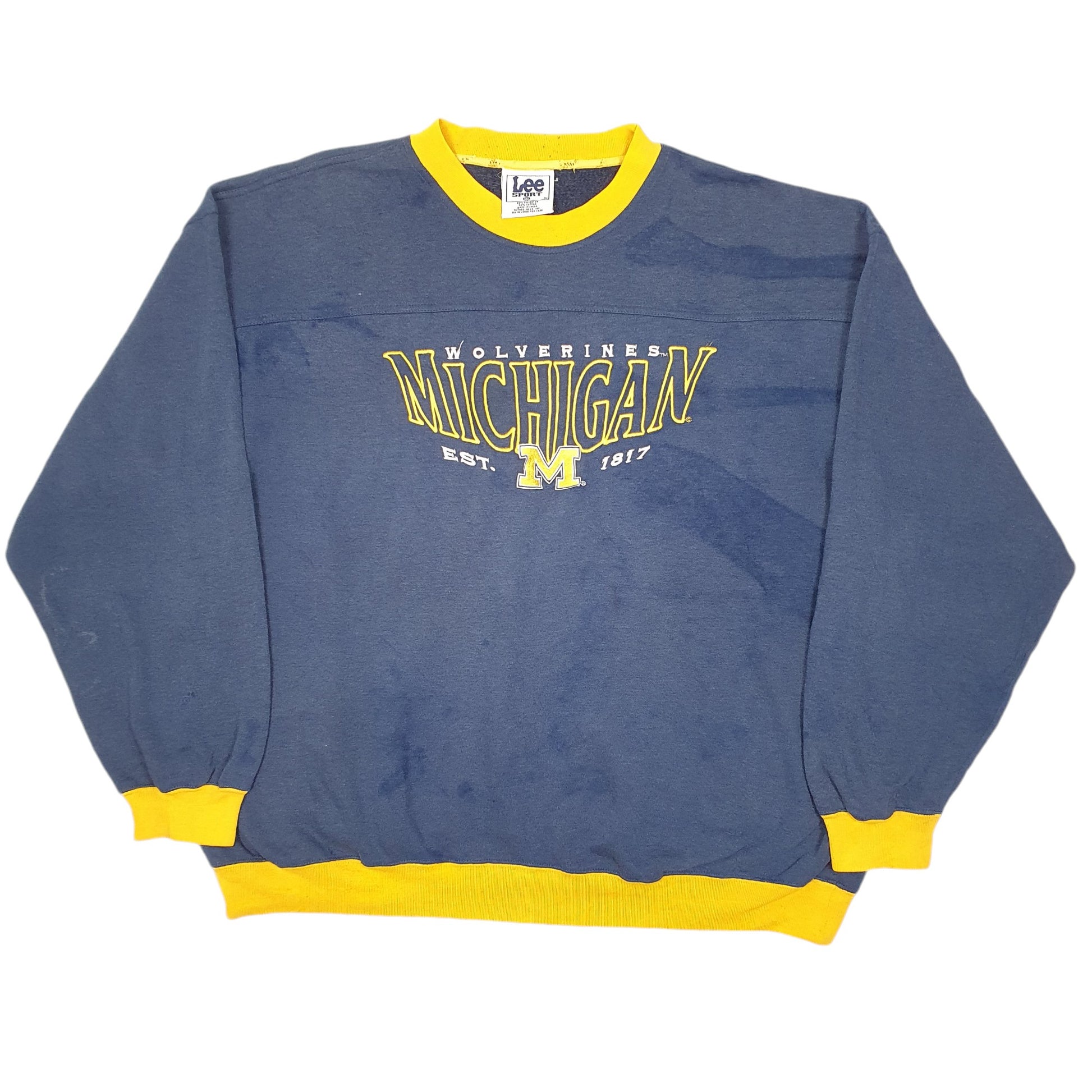 Mens Navy Lee Vintage 90s Sport Michigan Wolverines Spellout USA Football Crewneck Jumper