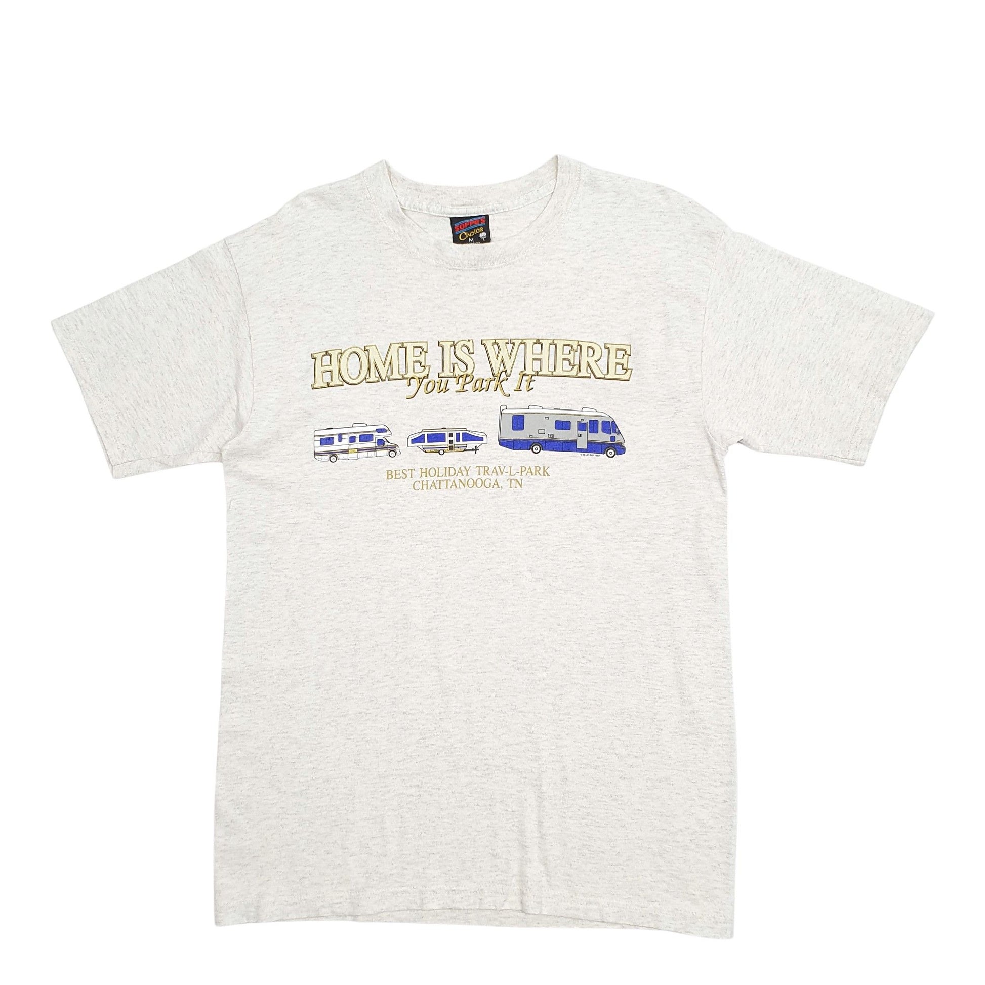 Mens Grey Soffe Single Stitch Vintage 90s Made In USA Home Is Whede You Park It Short Sleeve T Shirt