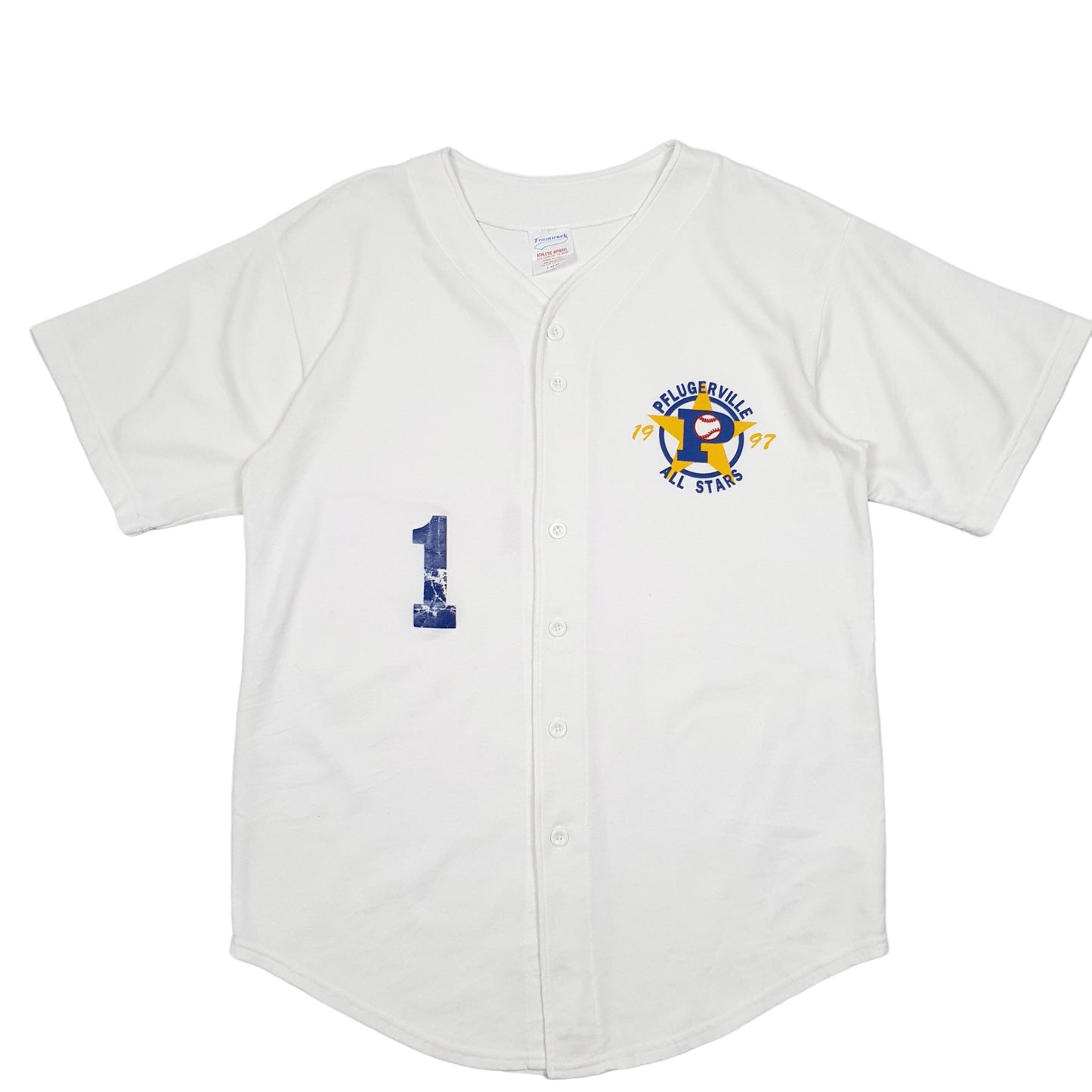 Mens White Teamwork Baseball Jersey PF Lugerville All Stars 1997 Made In USA Vintage Short Sleeve T Shirt