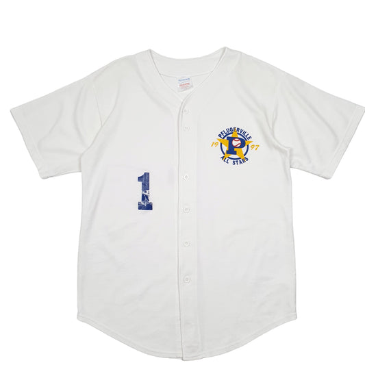 Mens White Teamwork Baseball Jersey PF Lugerville All Stars 1997 Made In USA Vintage Short Sleeve T Shirt