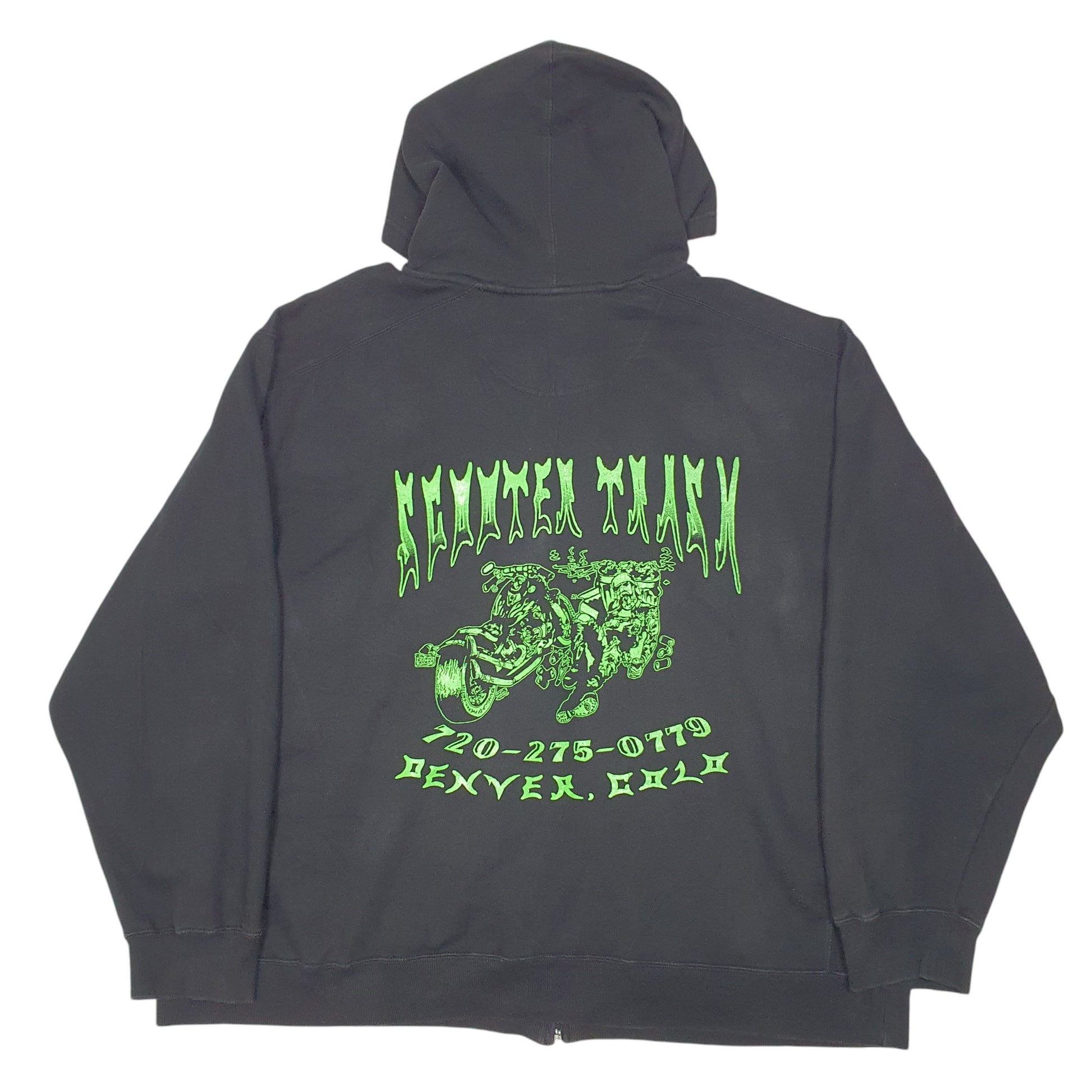 Mens Black Starter Hoodie Scooter Trash Custom Cycles Denver USA Biker Full Zip Jumper