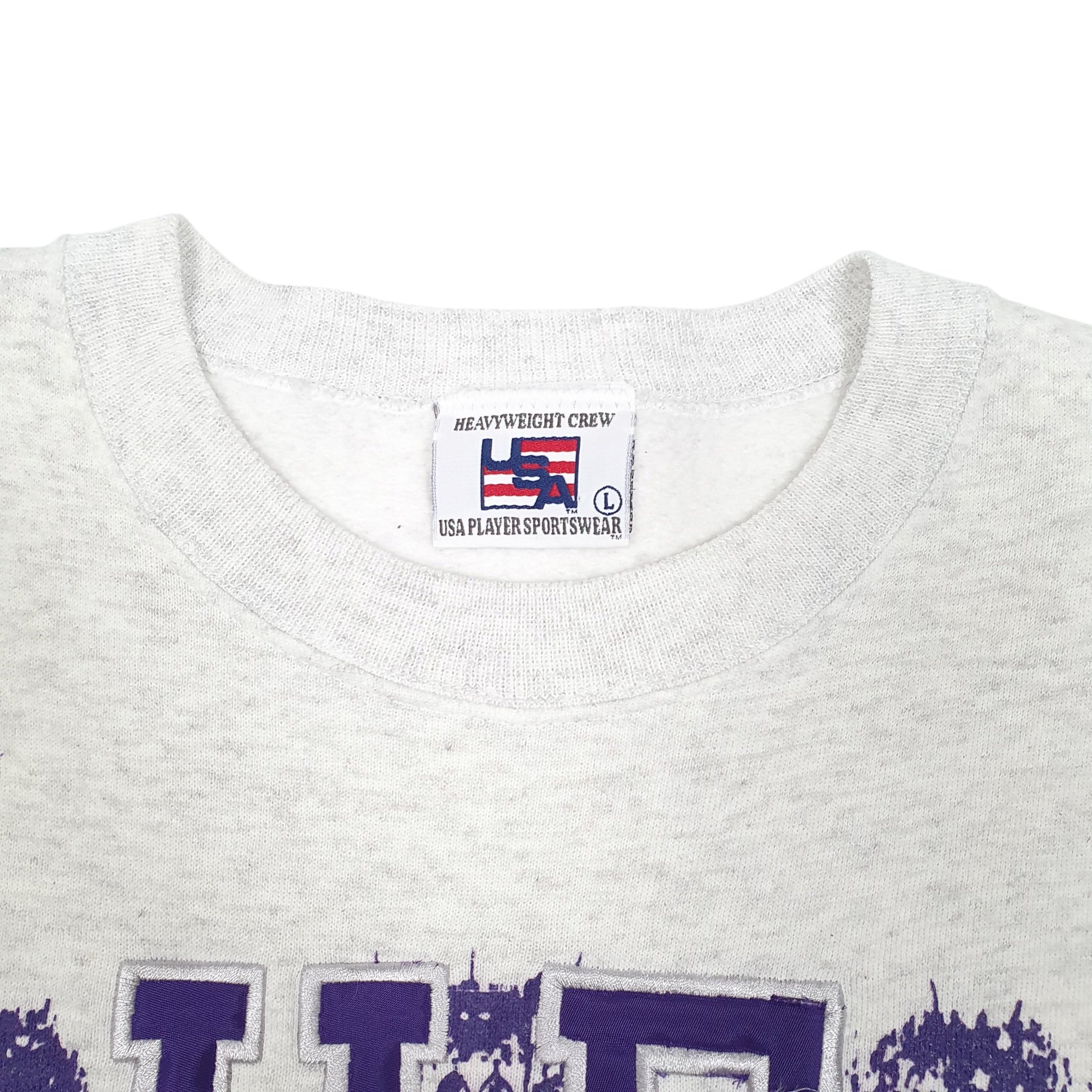 Mens Grey Heavyweight Crew USA Evansville University Alumni USA Vintage Spellout Crewneck Jumper