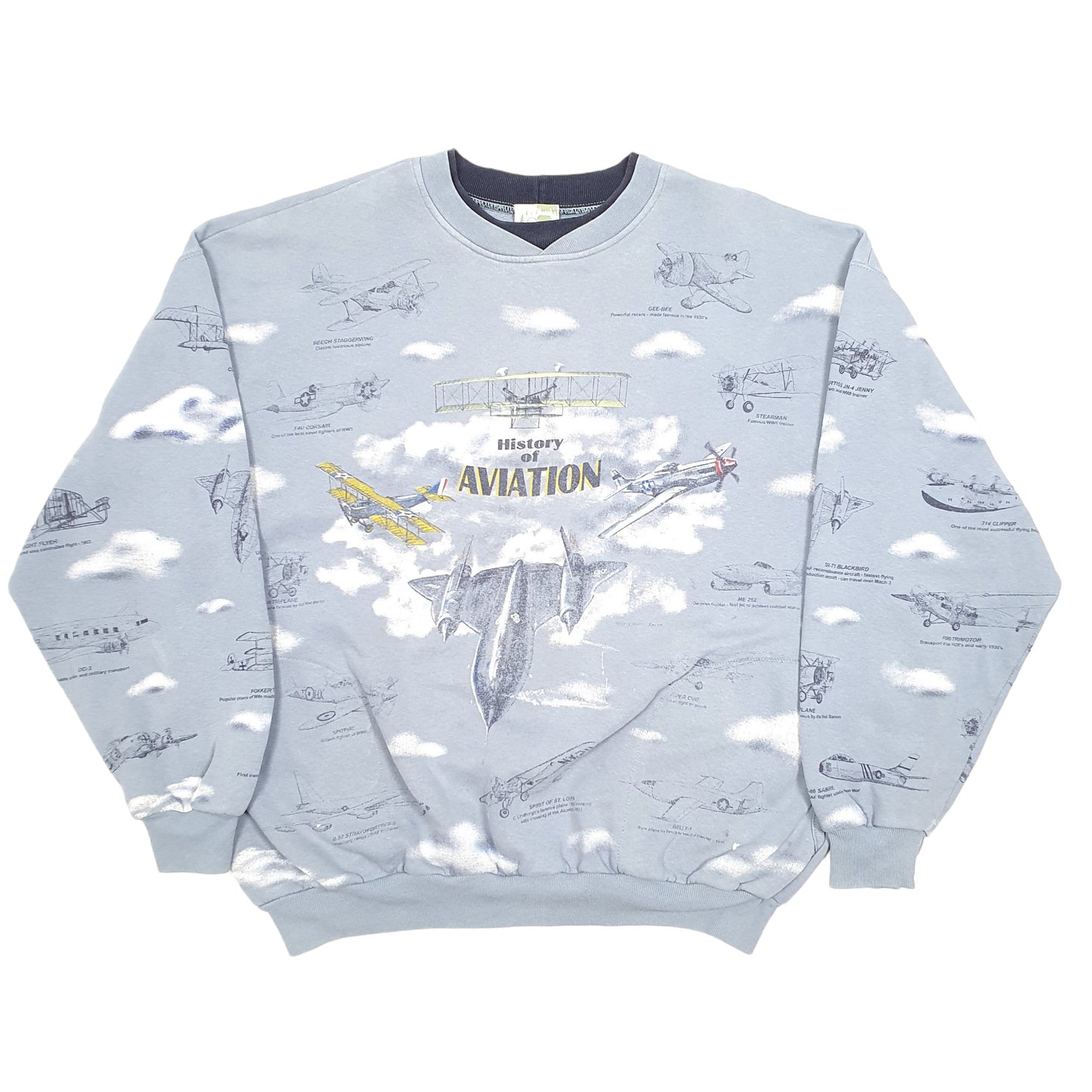 Mens Grey Art Unlimited History Of Aviation Spitfire Mustang Fighters Vintage 90s Crewneck Jumper