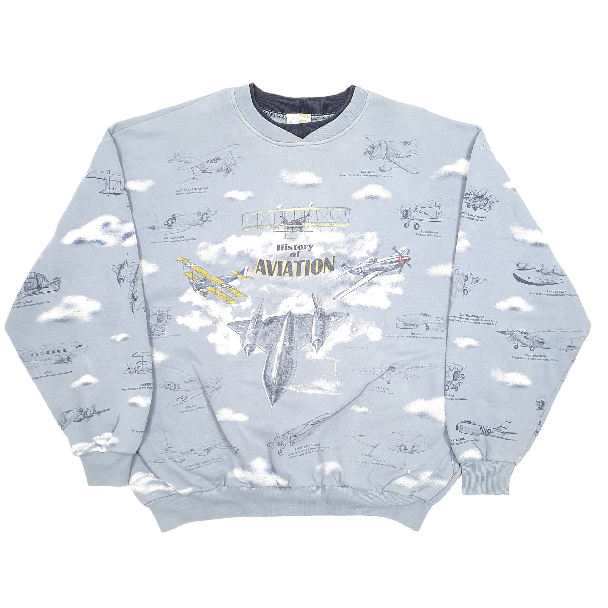 Mens Grey Art Unlimited History Of Aviation Spitfire Mustang Fighters Vintage 90s Crewneck Jumper