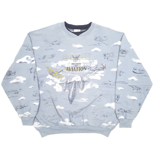Mens Grey Art Unlimited History Of Aviation Spitfire Mustang Fighters Vintage 90s Crewneck Jumper