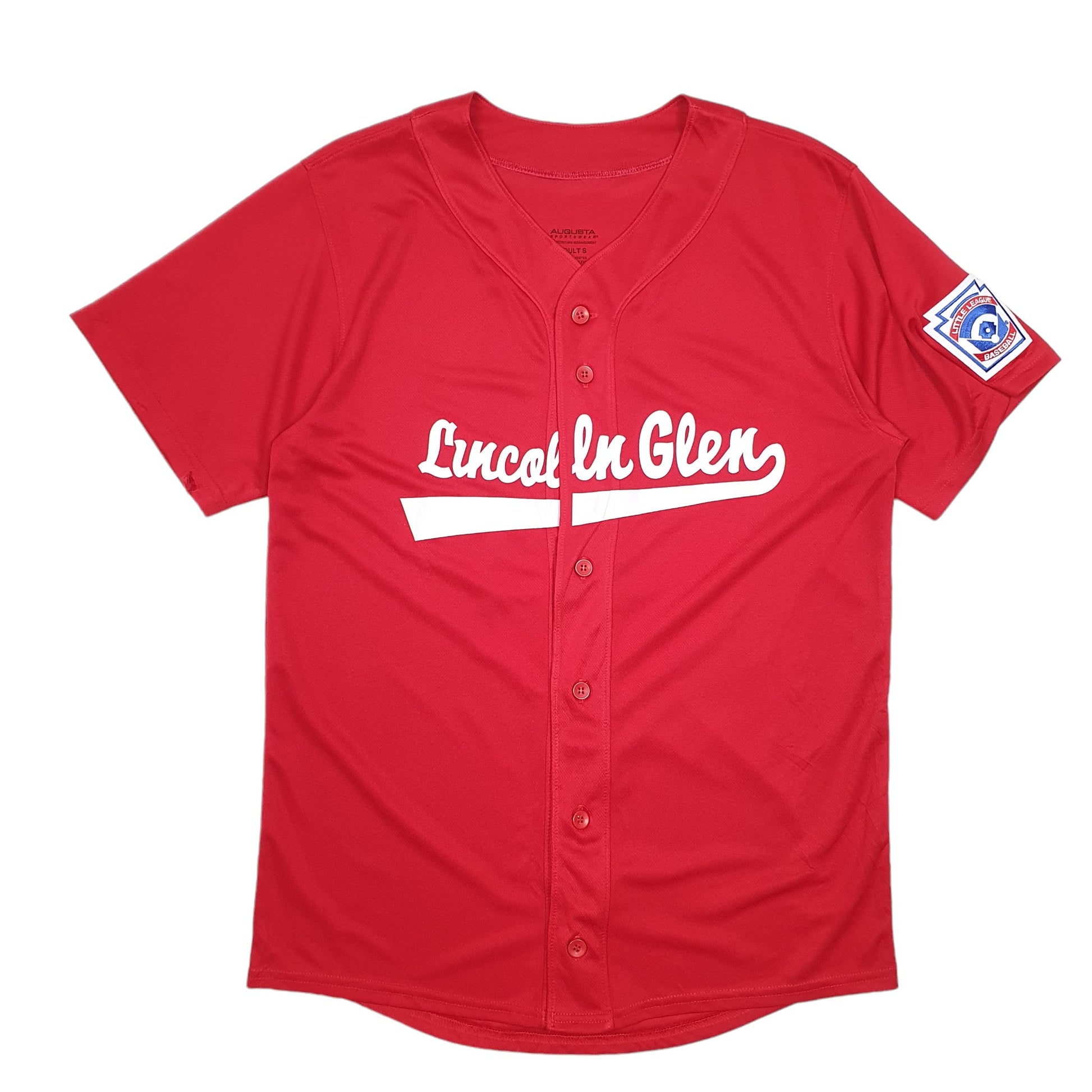 Mens Red Augusta Sportswear Baseball Jersey Lincoln Glen Little League USA Short Sleeve T Shirt