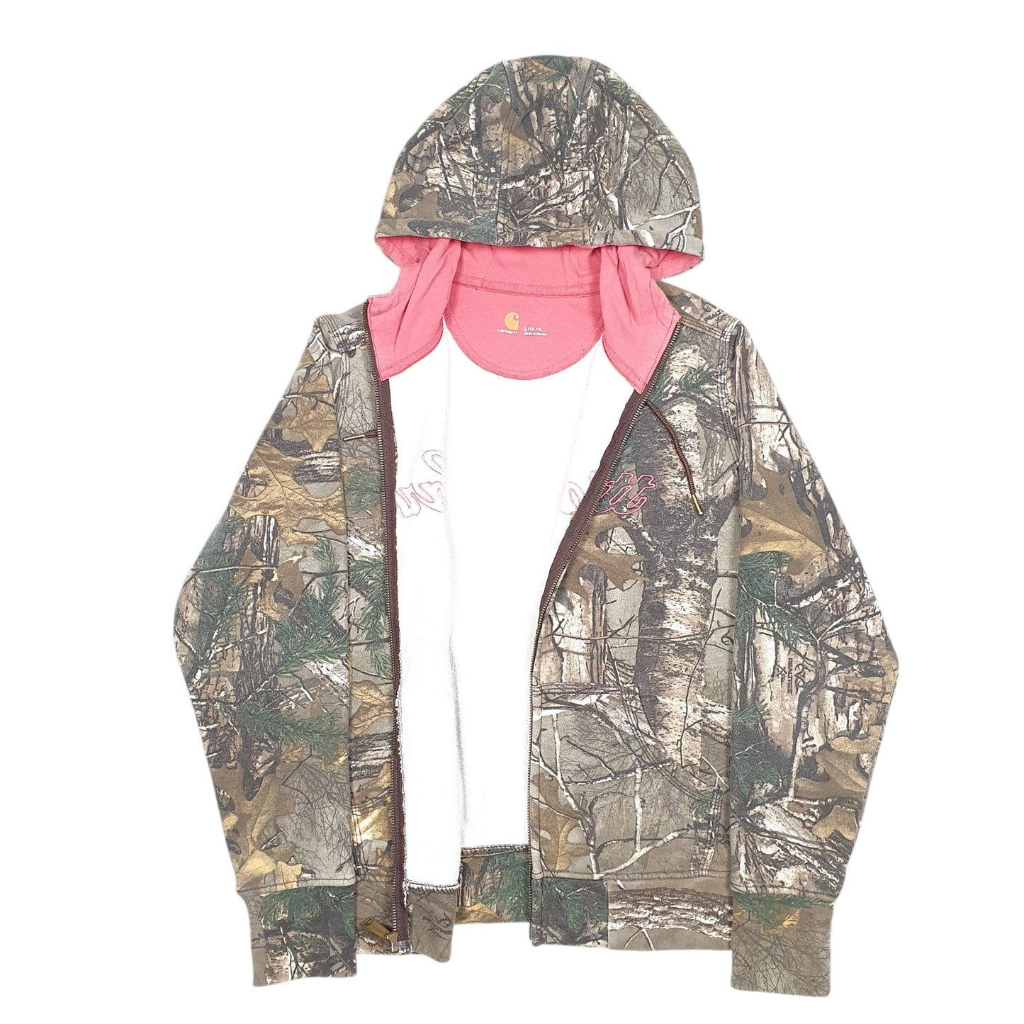 Womens Khaki Carhartt Workwear Hoodie Real Tree Woodland Camouflage Spellout Full Zip Jumper