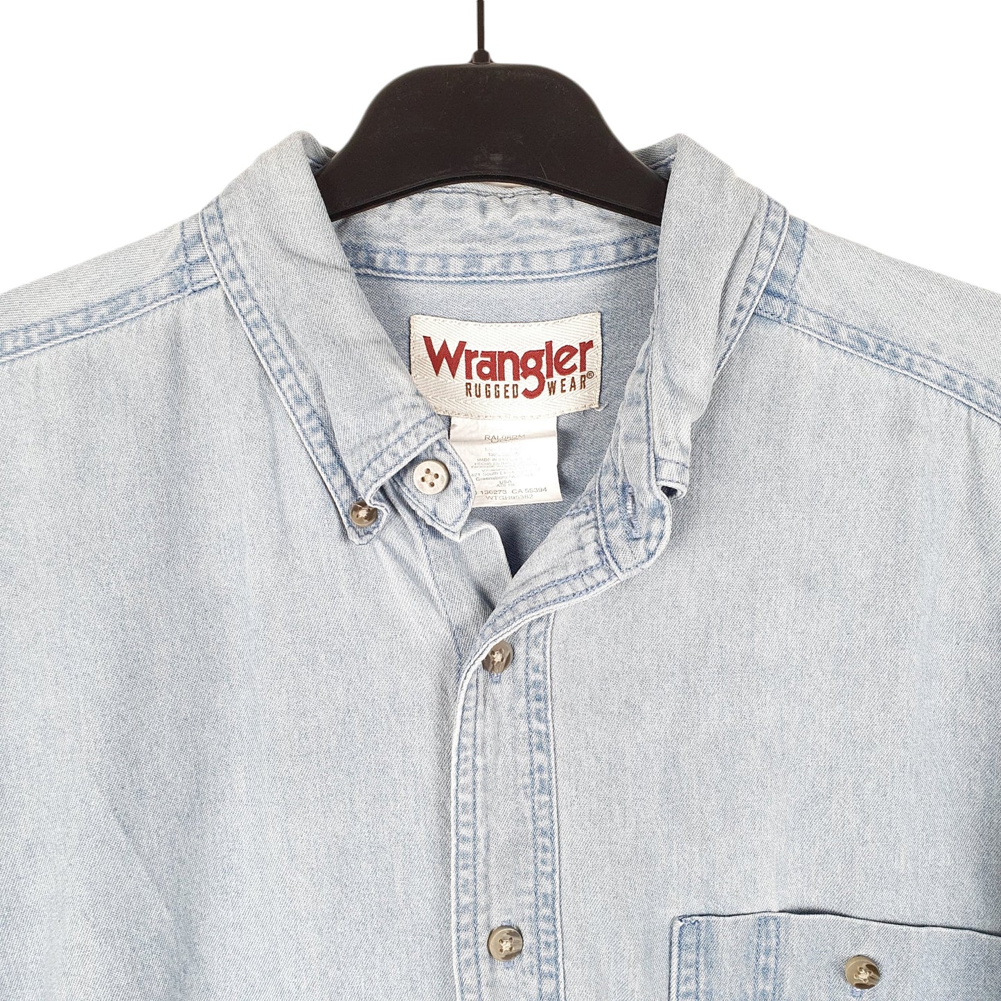 Mens Blue Wrangler Denim Jeans Vintage Rugged Wear Work Chambray Long Sleeve Shirt