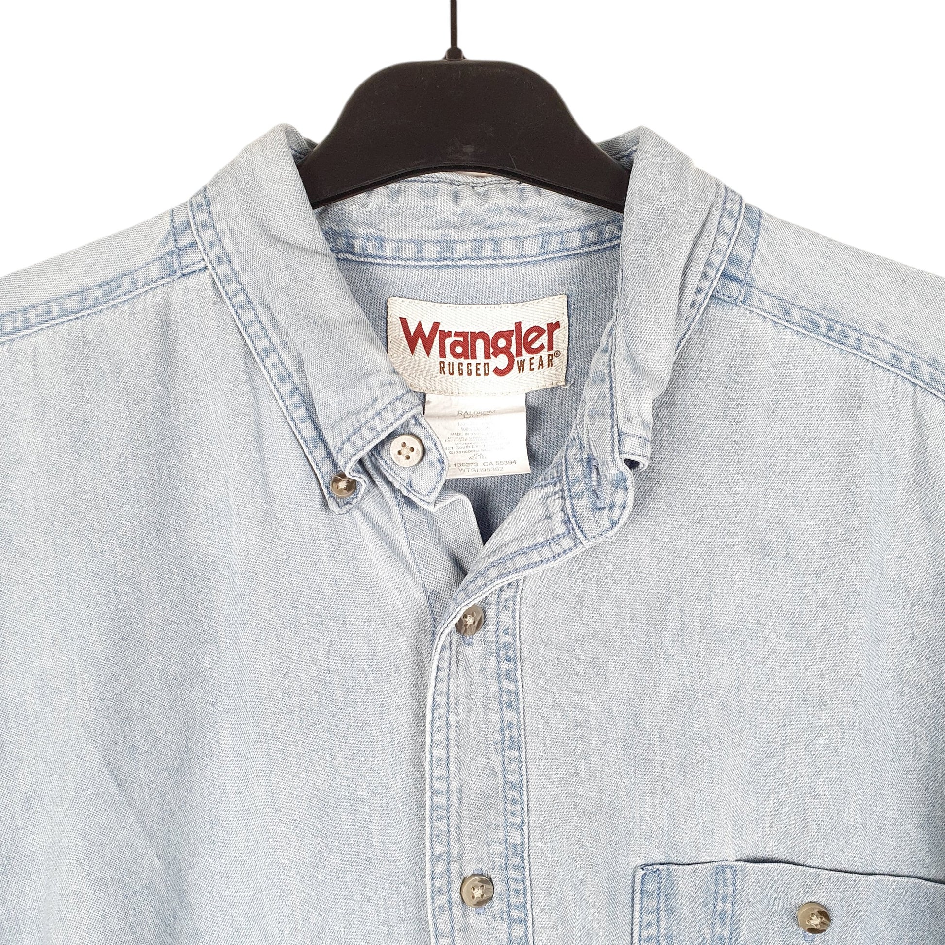 Mens Blue Wrangler Denim Jeans Vintage Rugged Wear Work Chambray Long Sleeve Shirt