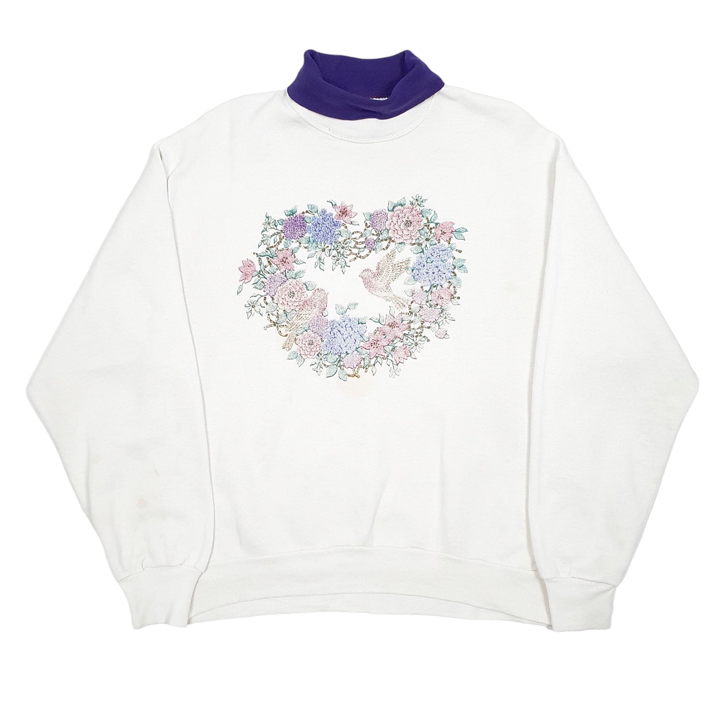 Womens White Gopher Sport Vintage Roll Neck Flowers Birds 90s Made In USA Crewneck Jumper