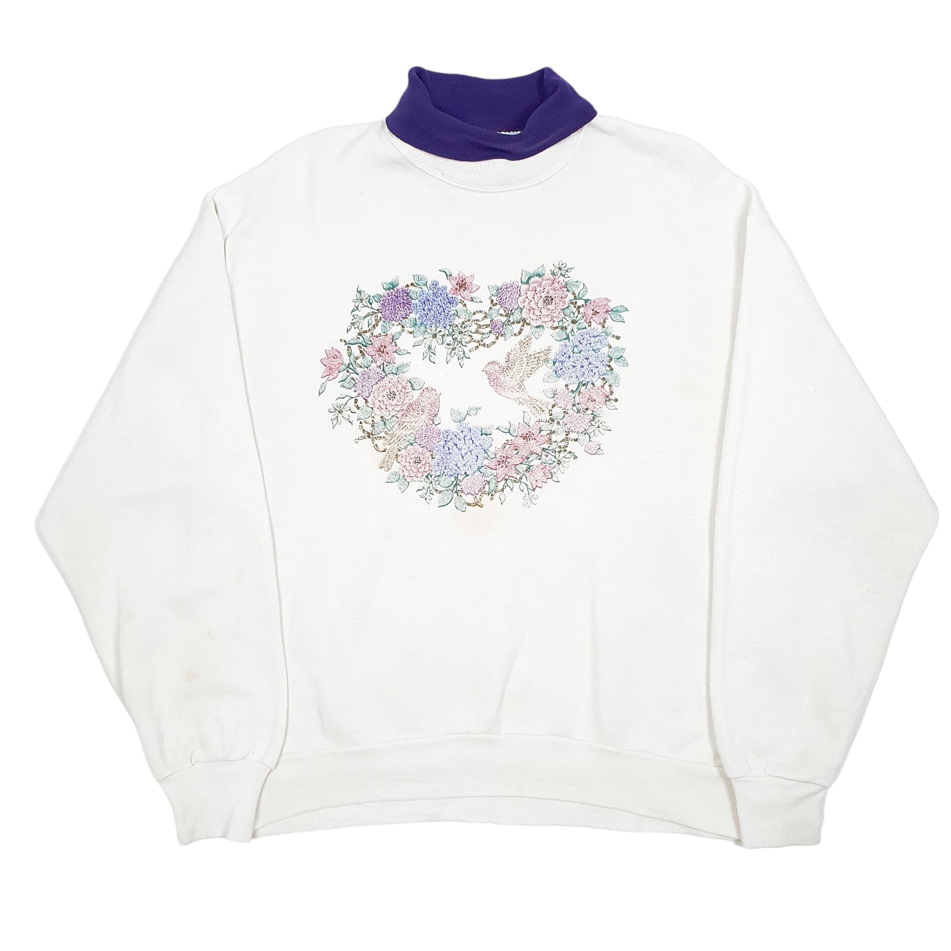 Womens White Gopher Sport Vintage Roll Neck Flowers Birds 90s Made In USA Crewneck Jumper