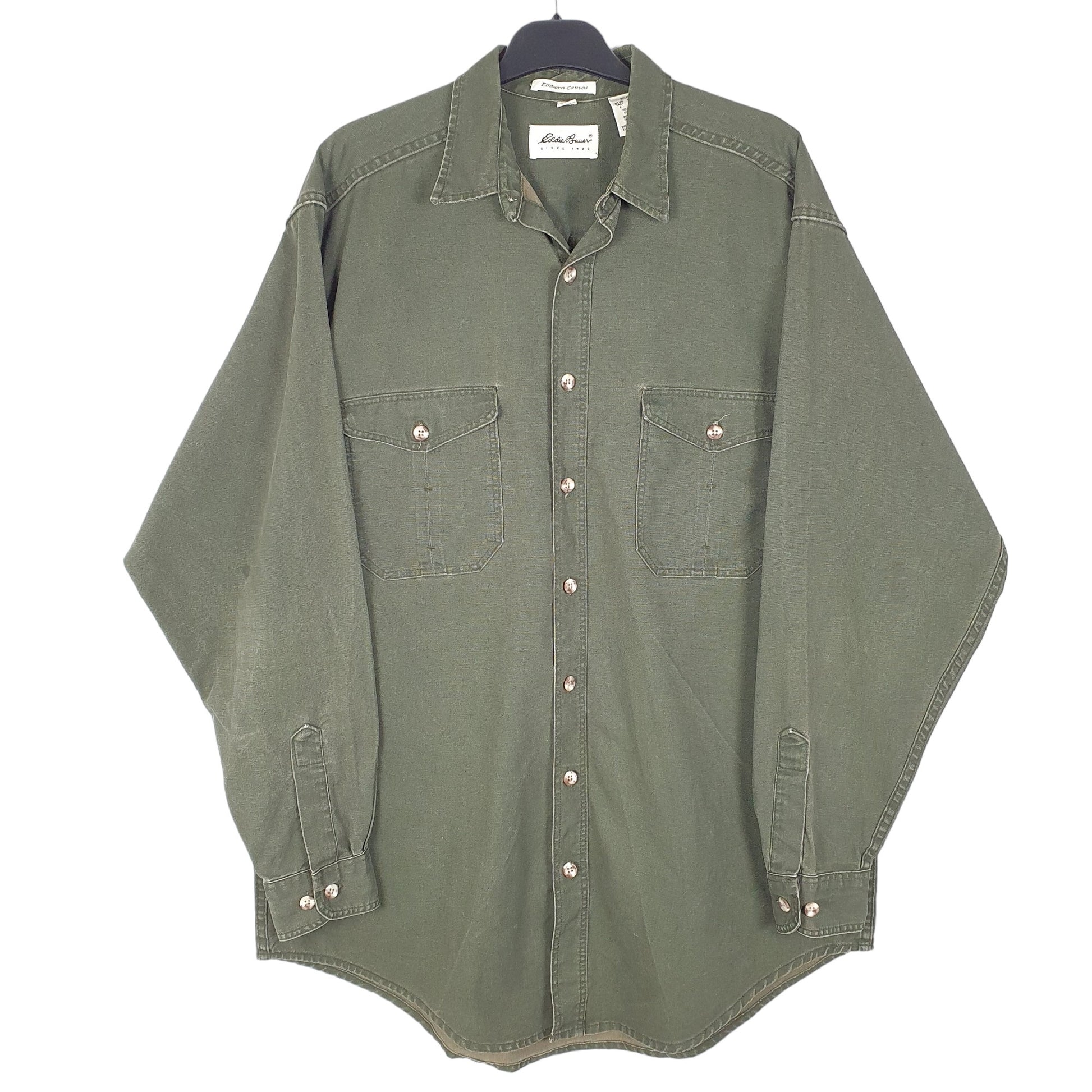 Mens Green Eddie Bauer Tall Elkhorn Canvas Heavy Overshirt Shacket Long Sleeve Shirt