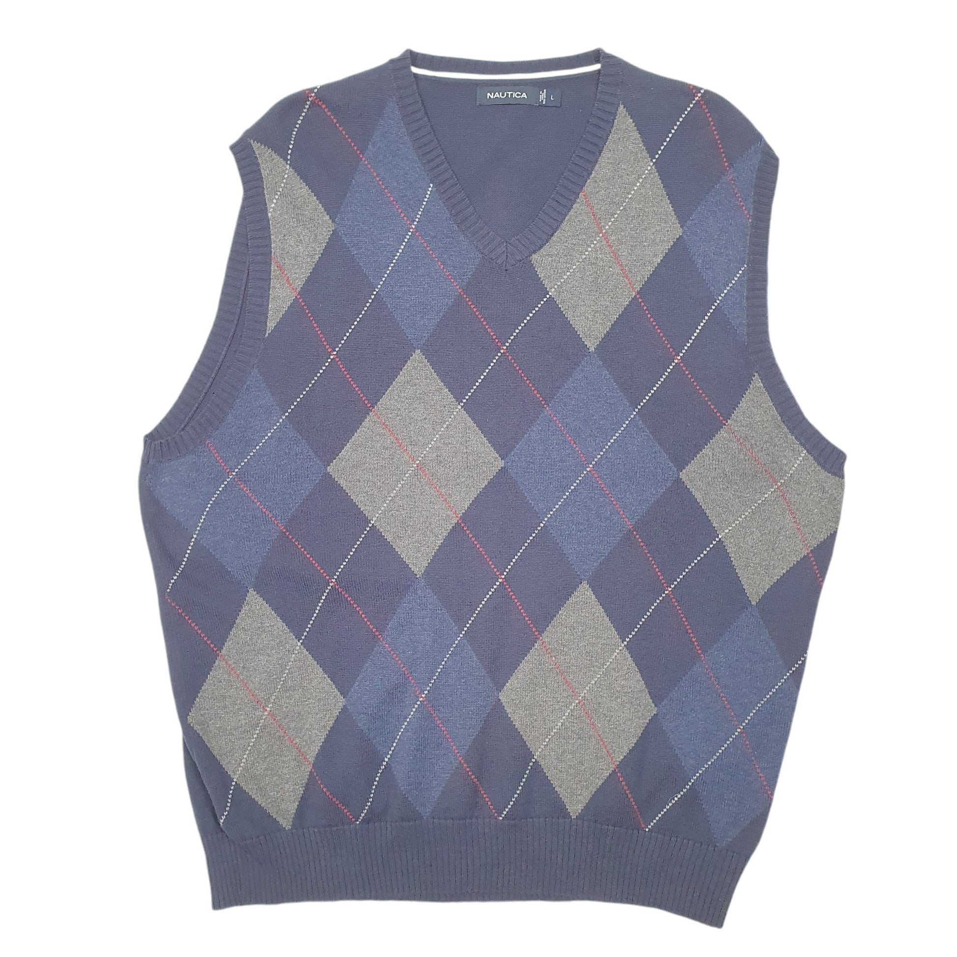 Mens Navy Nautica Knit Sweater Vest Tank Top  Argyle V Neck Jumper