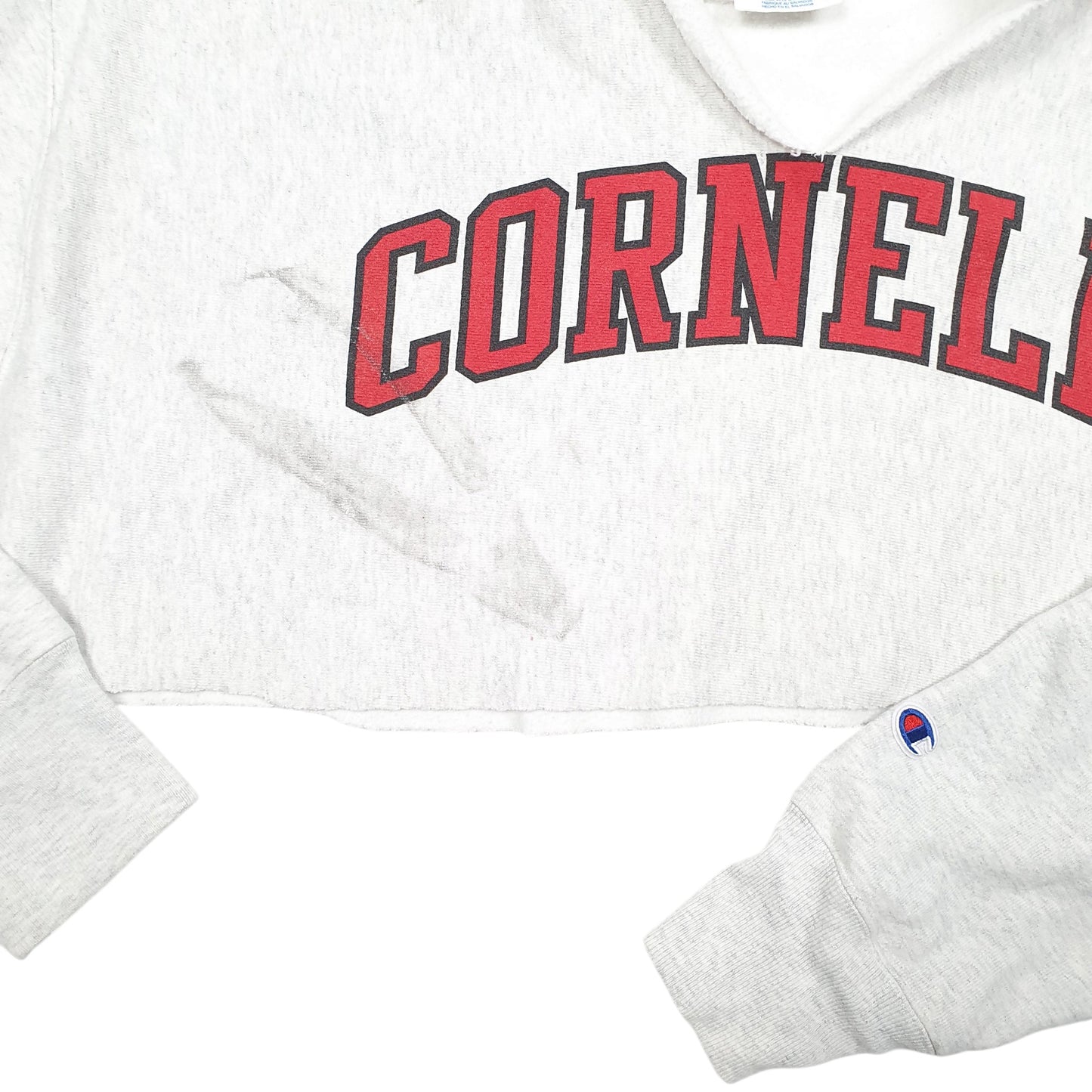 Womens Grey Champion Cut Off Cropped Cornell College Spellout Reverse Weave Hoodie Jumper