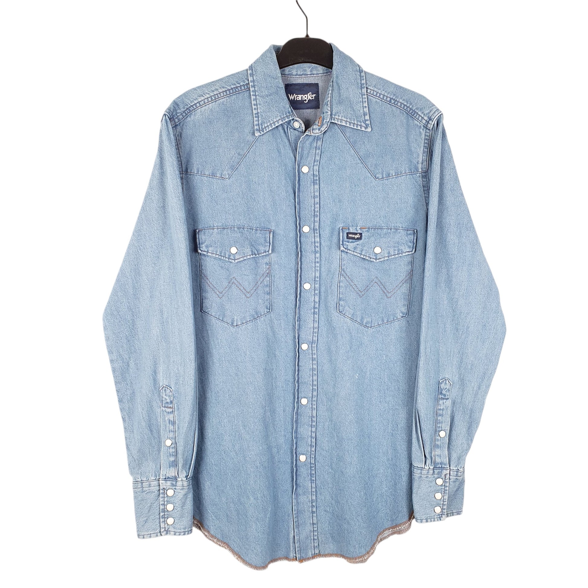 Mens Blue Wrangler Denim Jeans Western Pearl Snap Cowboy Long Sleeve Shirt