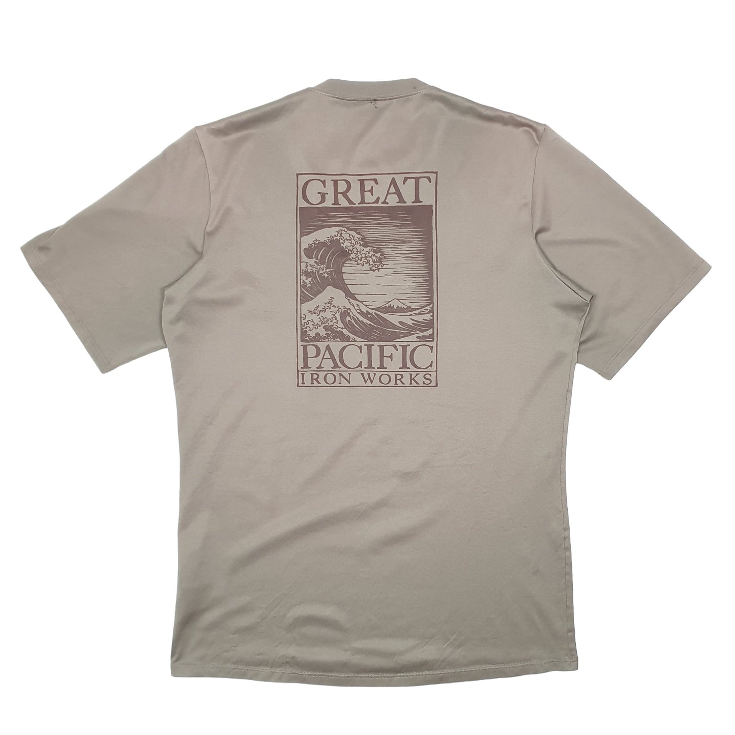 Mens Khaki Patagonia Active Spellout Great Pacific Iron Works Waves Short Sleeve T Shirt