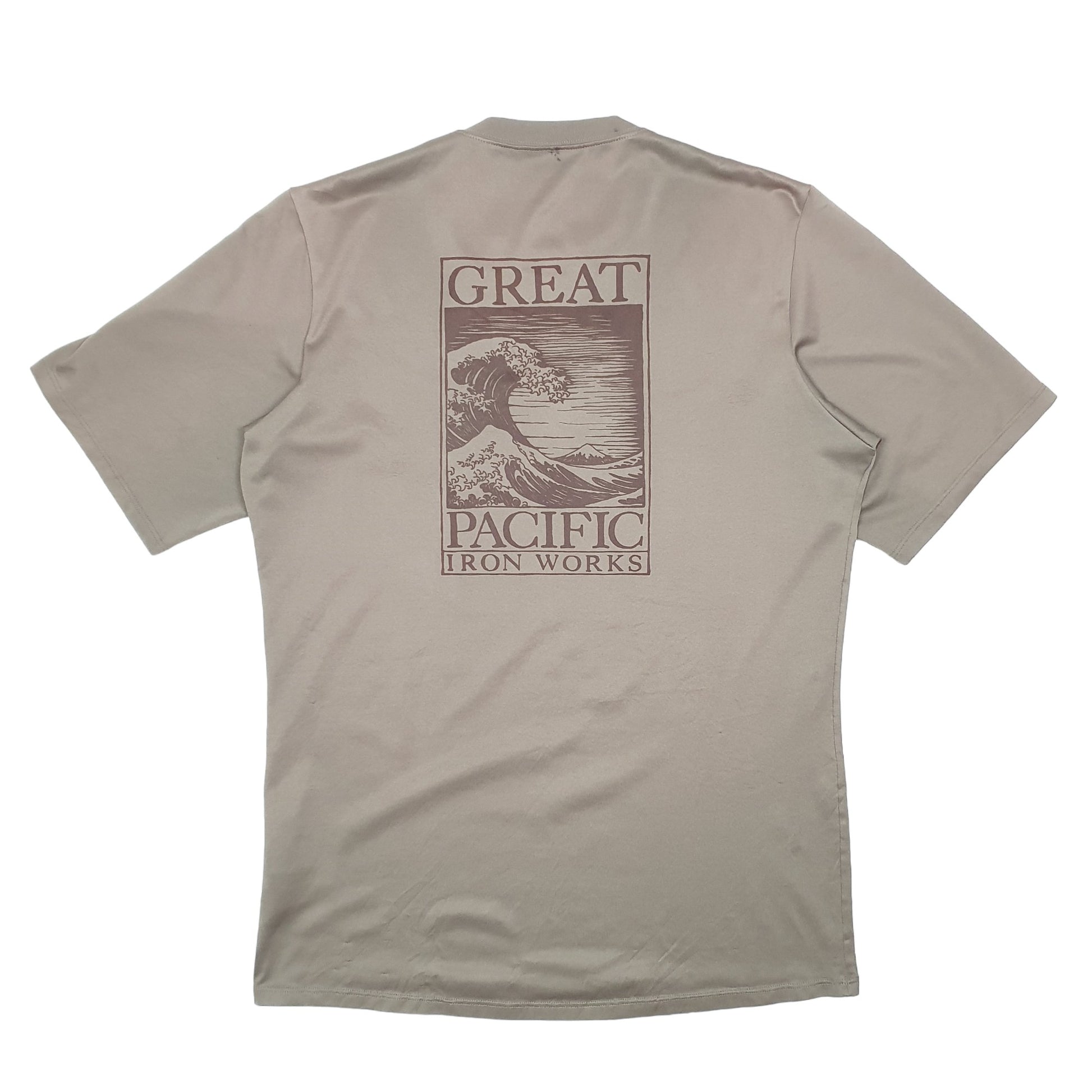 Mens Khaki Patagonia Active Spellout Great Pacific Iron Works Waves Short Sleeve T Shirt