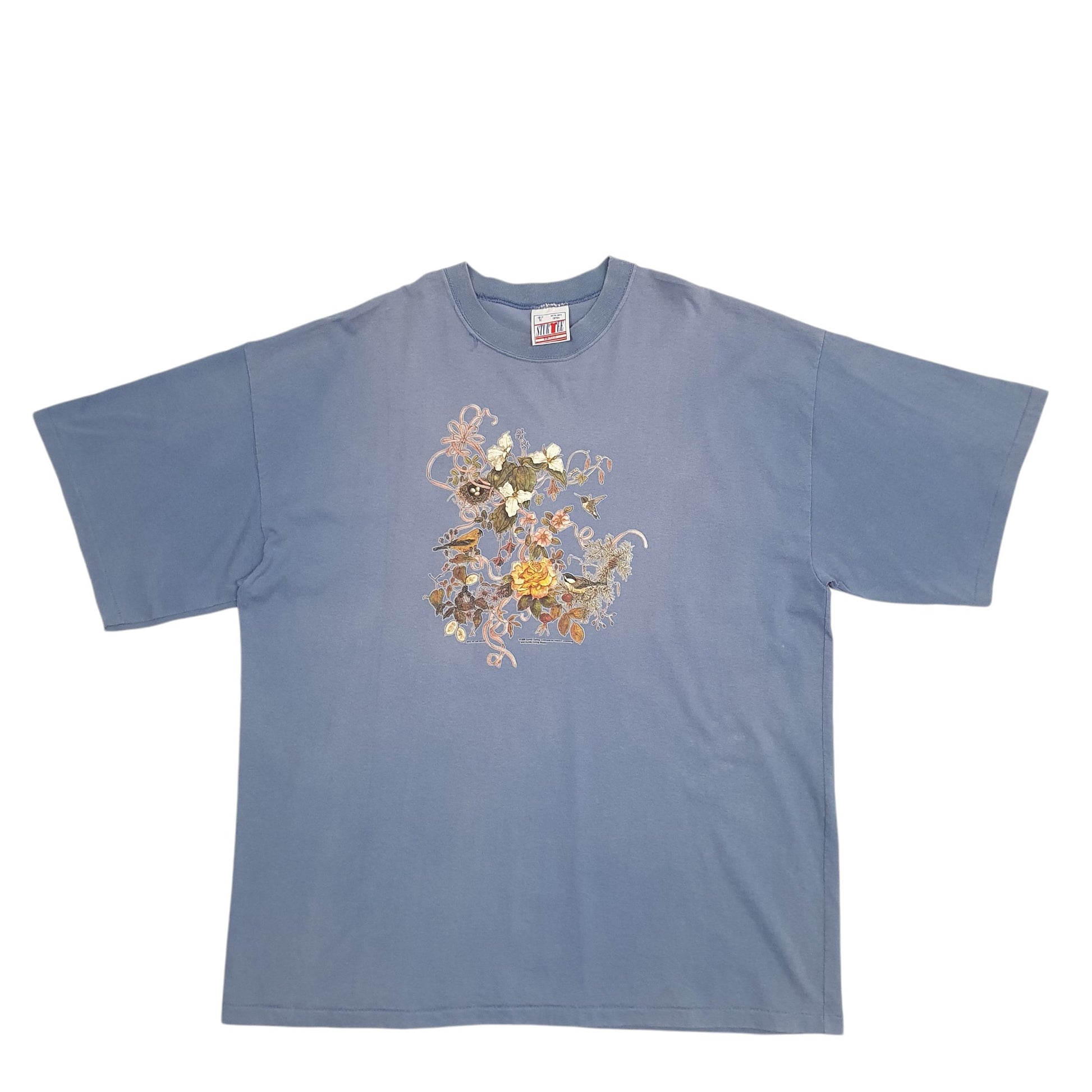 Mens Blue Sturtee Single Stitch Vintage 90sMade In USA Floral Short Sleeve T Shirt