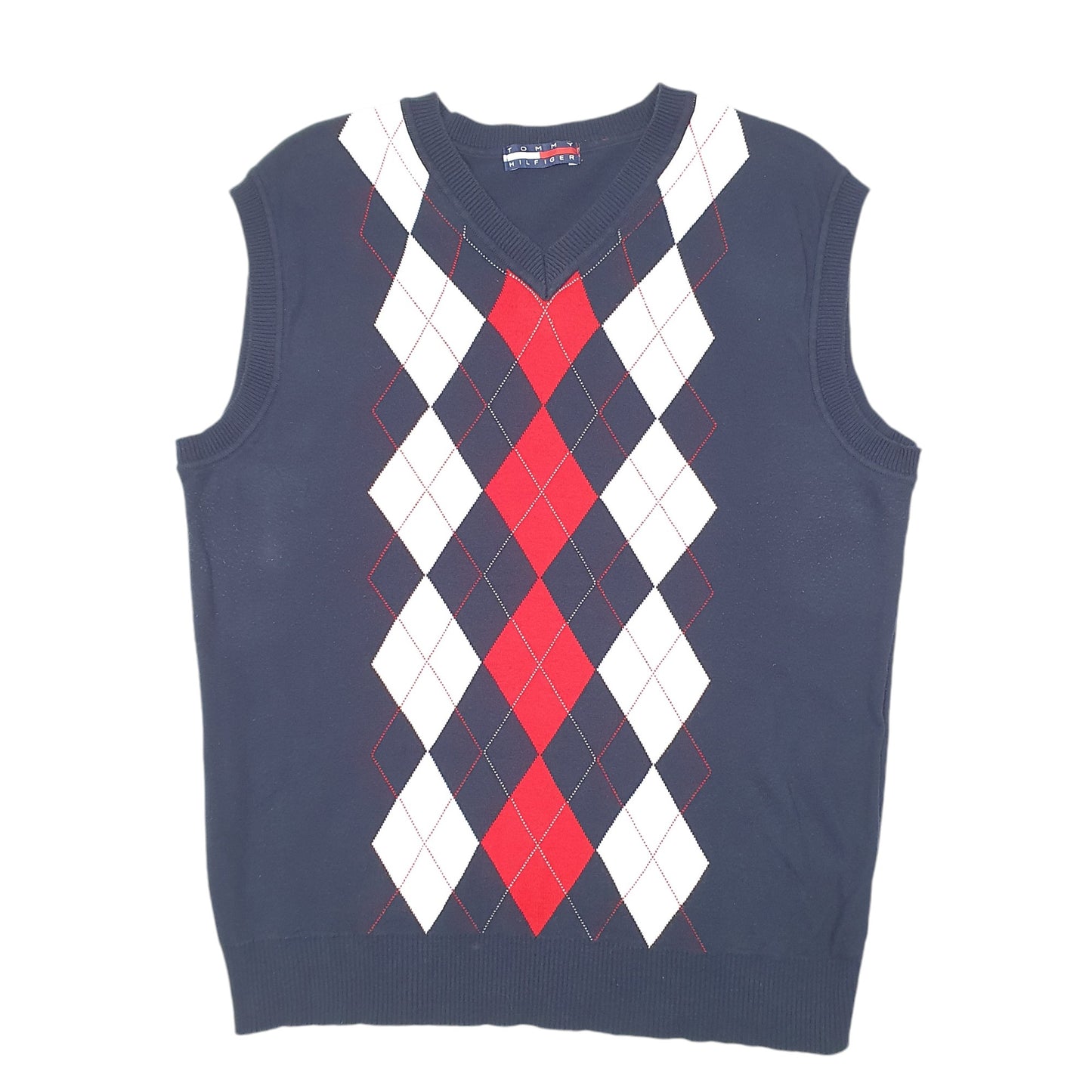 Mens Navy Tommy Hilfiger Knit Tank Top Sweater Vest Argyle V Neck Jumper