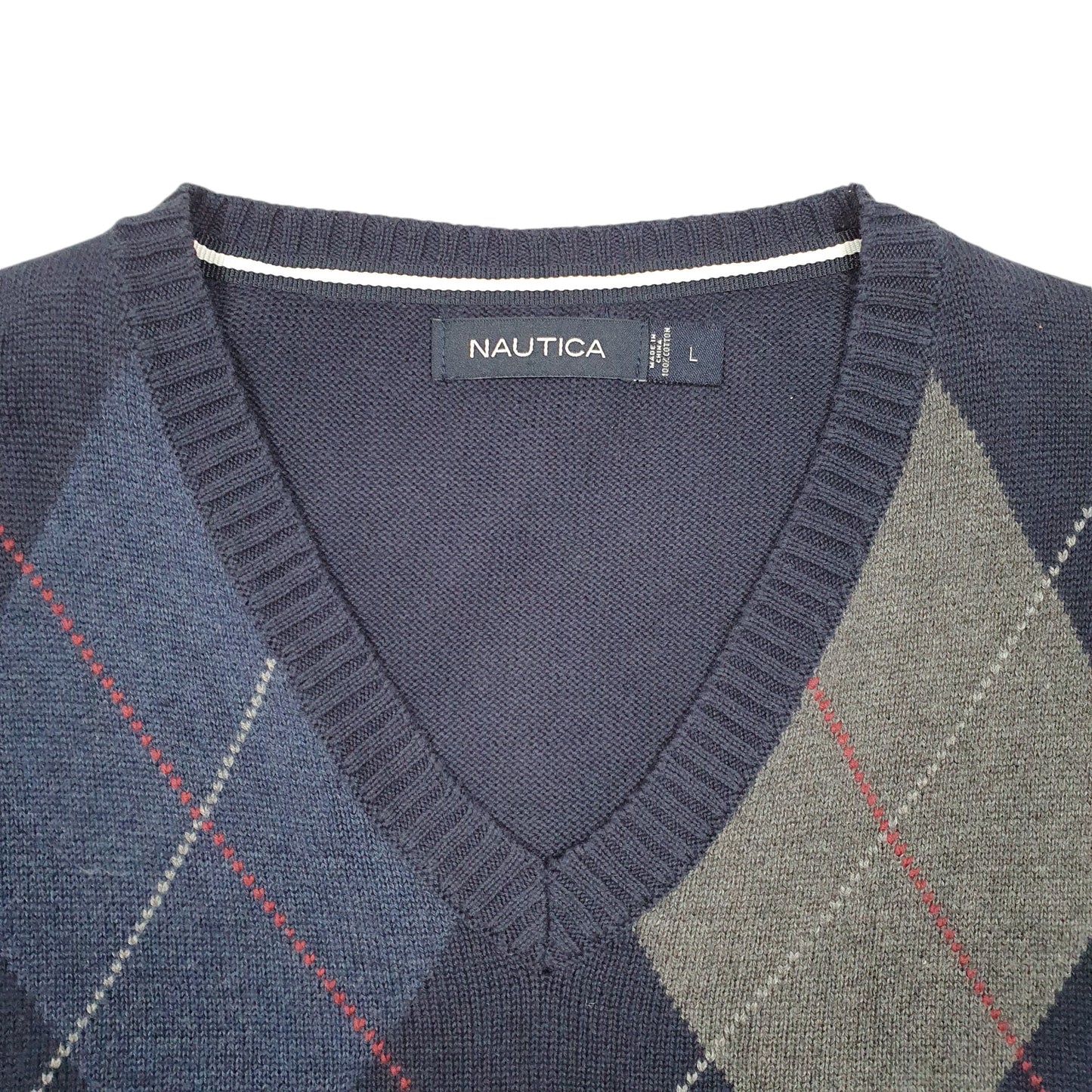 Mens Navy Nautica Knit Sweater Vest Tank Top  Argyle V Neck Jumper