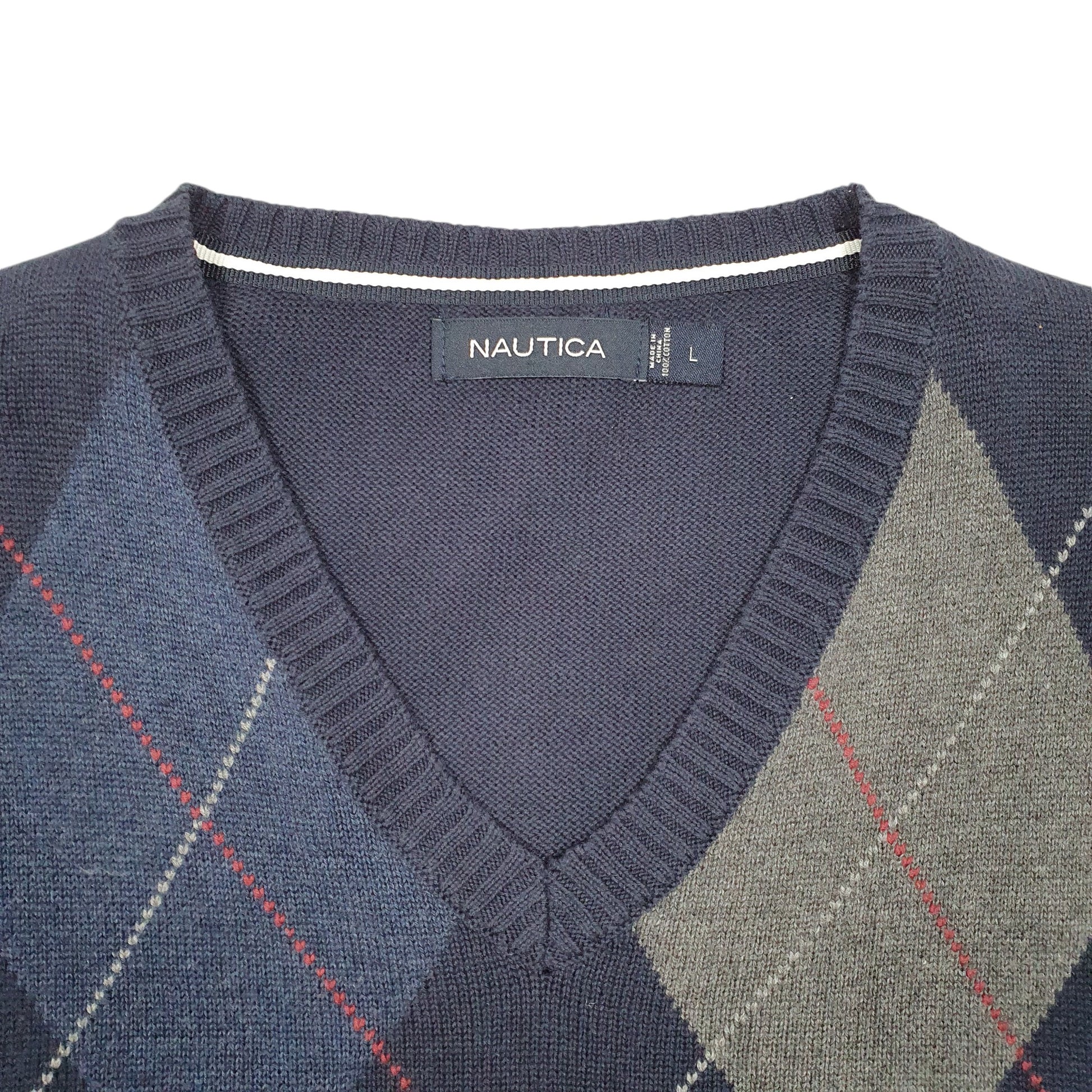Mens Navy Nautica Knit Sweater Vest Tank Top  Argyle V Neck Jumper