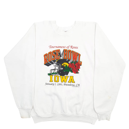 Mens White Fruit Of The Loom Rose Bowl Football Iowa 90's Vintage Made In USA Crewneck Jumper