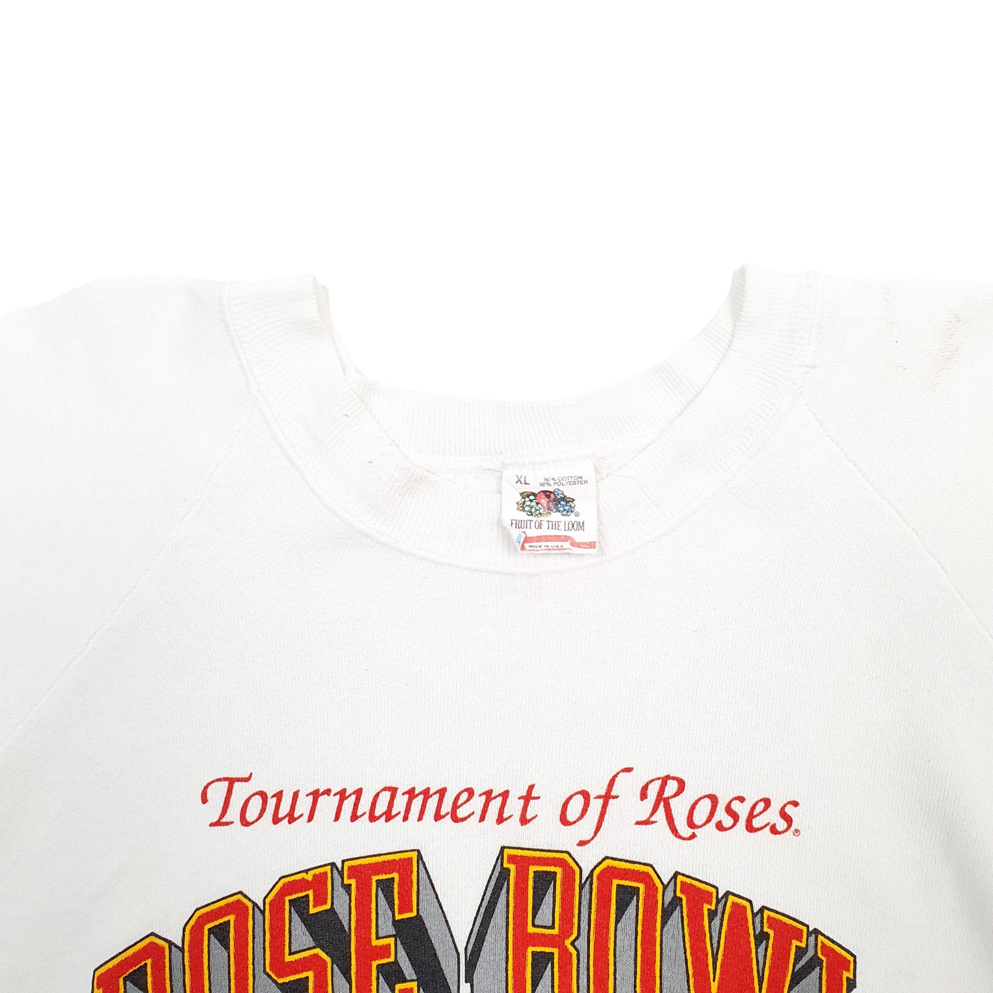 Mens White Fruit Of The Loom Rose Bowl Football Iowa 90's Vintage Made In USA Crewneck Jumper