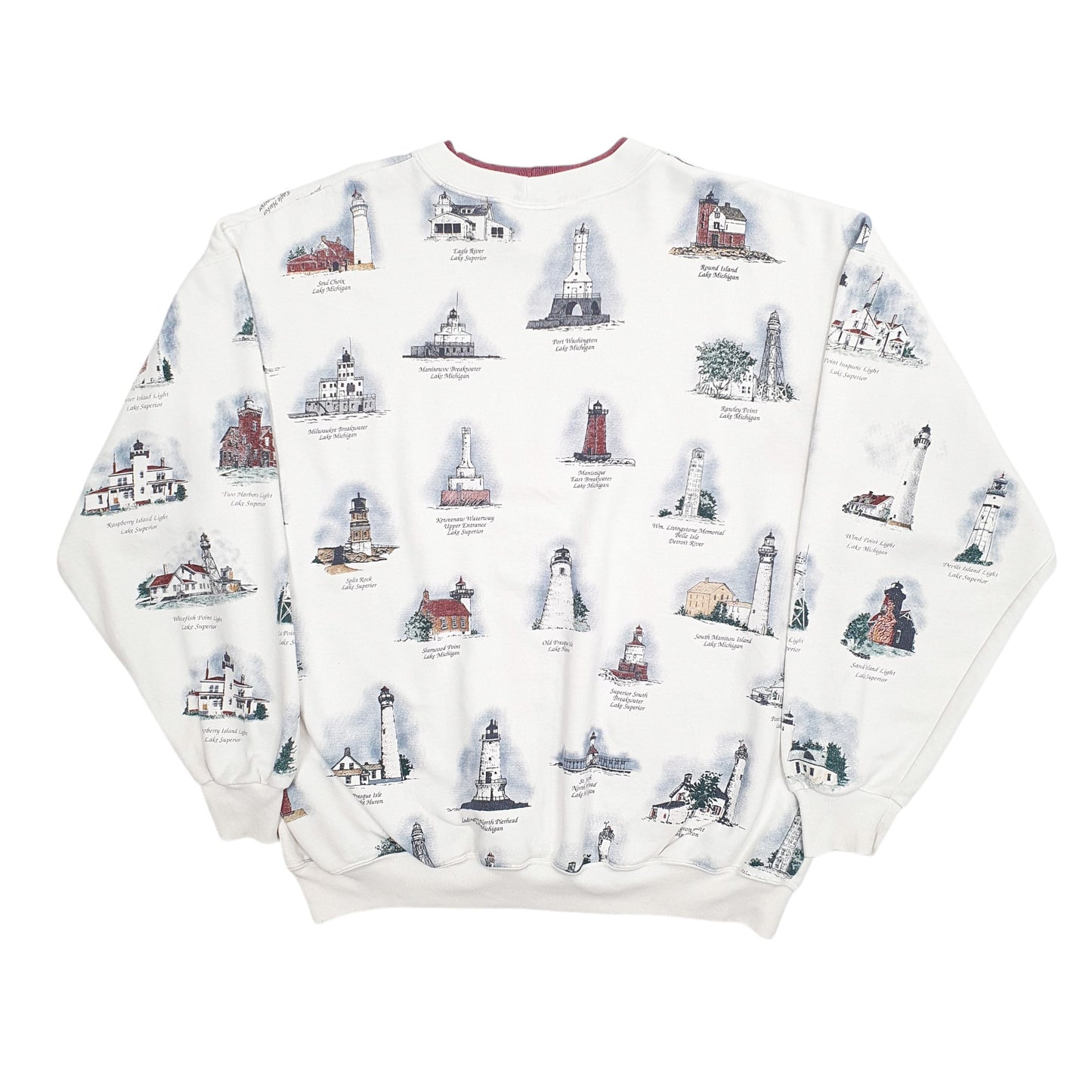 Mens White Art Unlimited Vintage 1990s Made in USA Great Lakes Lighthouses Crewneck Jumper