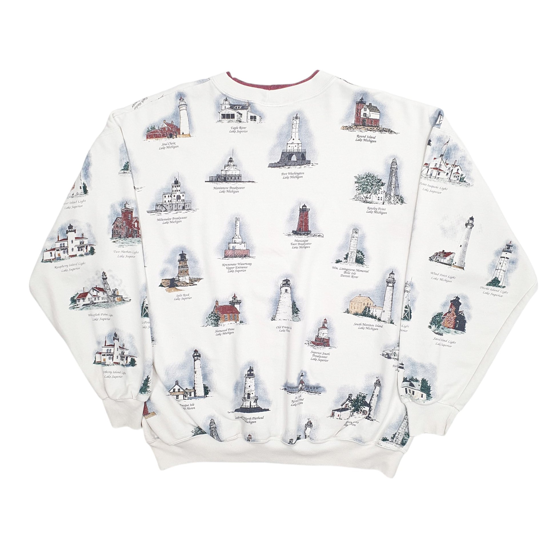 Mens White Art Unlimited Vintage 1990s Made in USA Great Lakes Lighthouses Crewneck Jumper