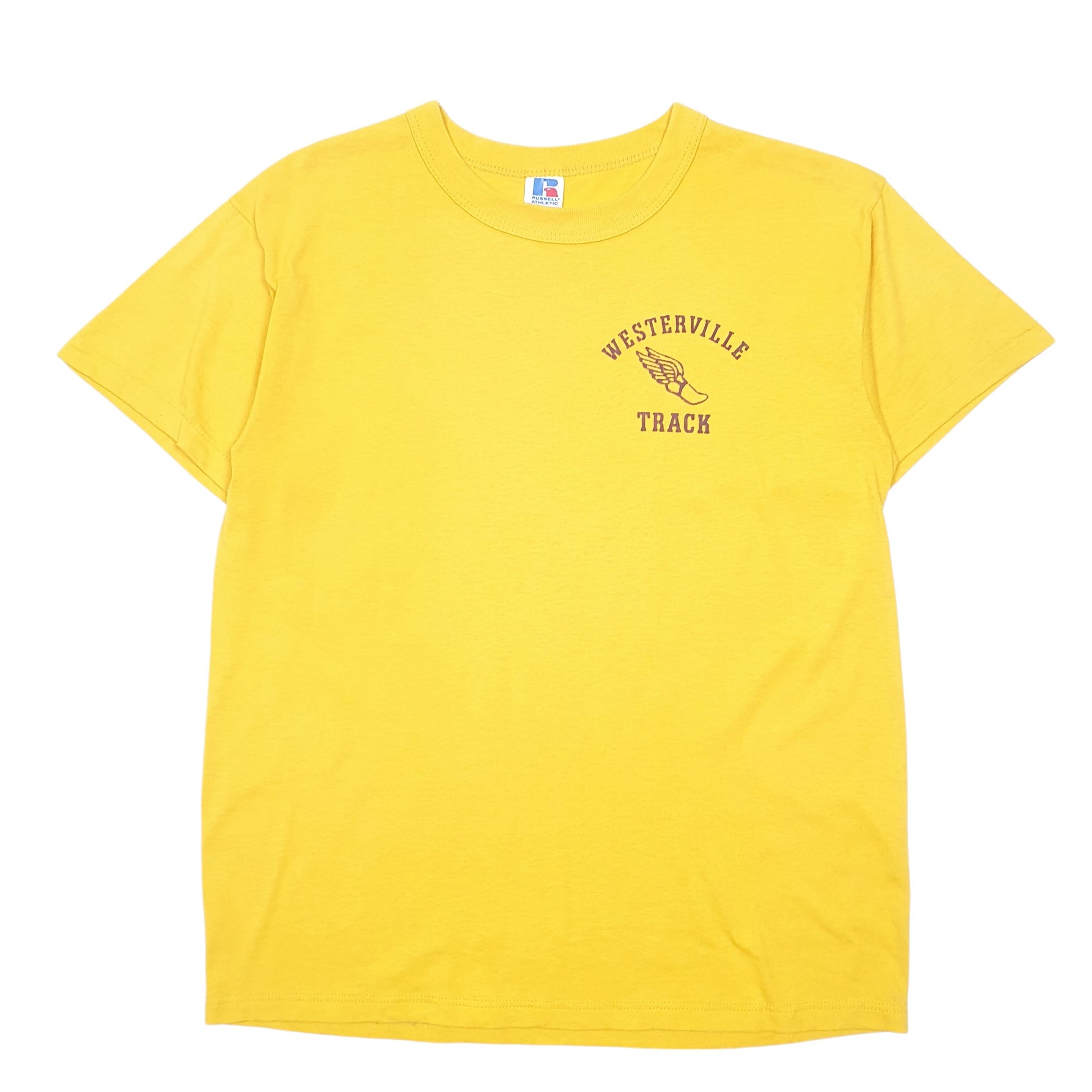 Mens Yellow Russell Athletic Single Stitch Vintage 90s Made In USA Westerville Track Short Sleeve T Shirt