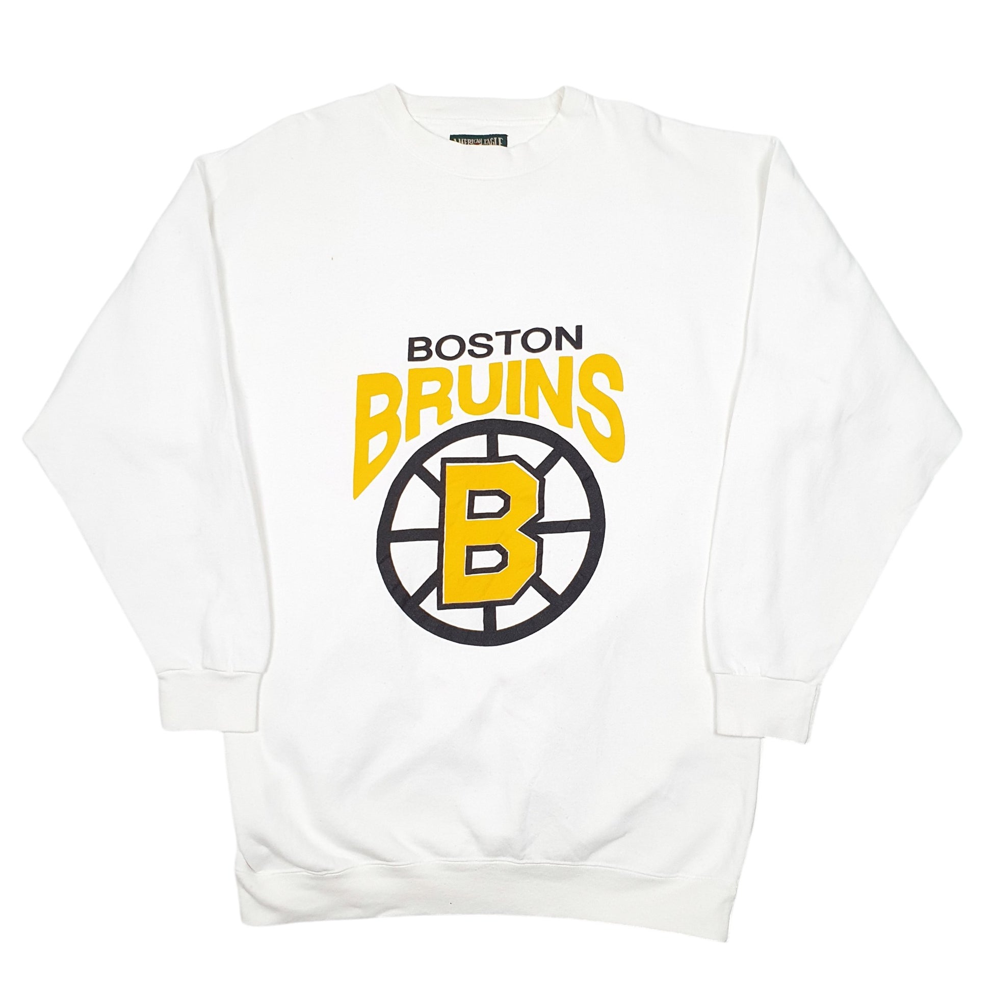 Mens White American Eagle Outfitters Boston Bruins NHL Ice Hockey Made In USA Vintage Crewneck Jumper