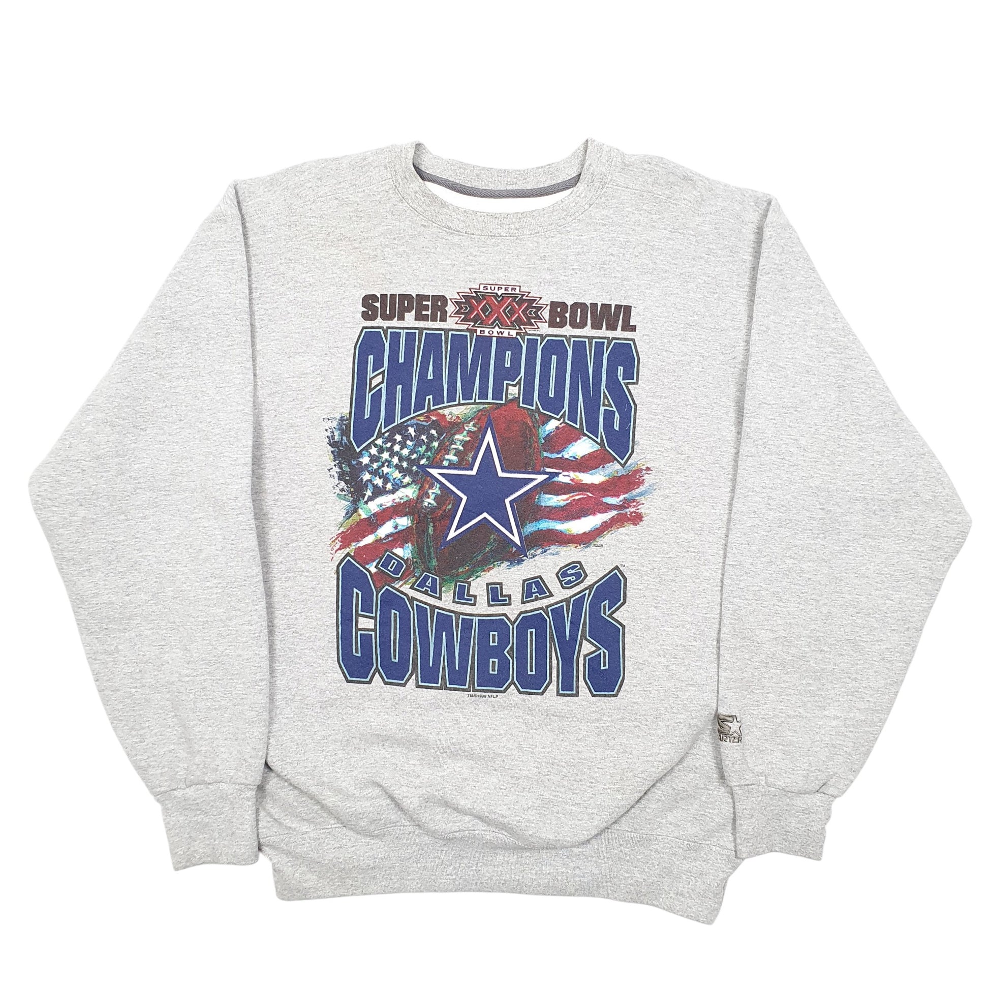 Mens Grey Starter Vintage 1996 Dallas Cowboys Superbowl Made In USA Spellout Football NFL Crewneck Jumper