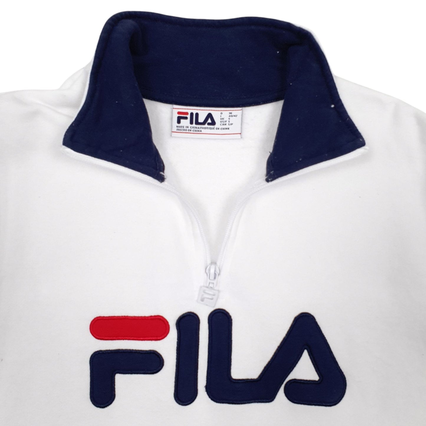 Womens White Fila Spellout Quarter Zip Jumper