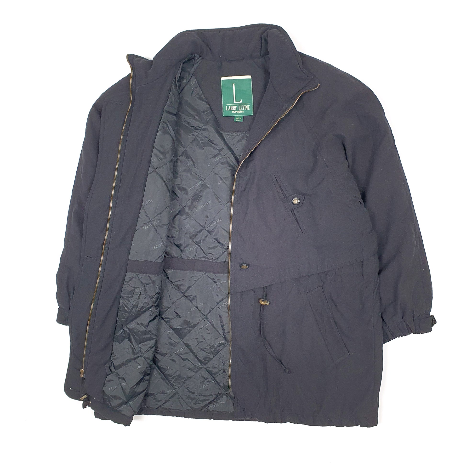 Mens Black Larry Levine Parka Trench Vintage 1990s  Coat