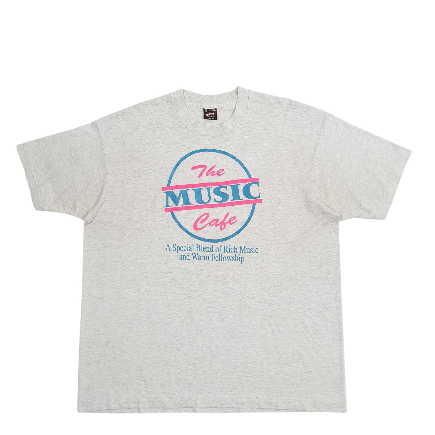 Mens Grey Fruit Of The Loom Single Stitch Vintage 90s Made In USA The Music Cafe Short Sleeve T Shirt