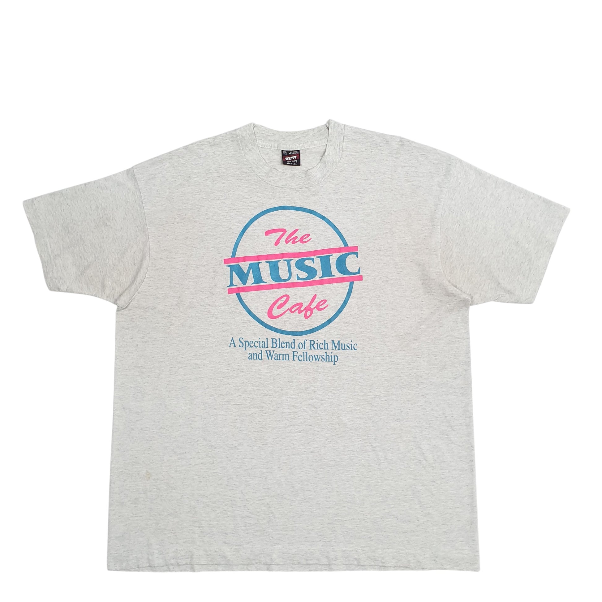 Mens Grey Fruit Of The Loom Single Stitch Vintage 90s Made In USA The Music Cafe Short Sleeve T Shirt