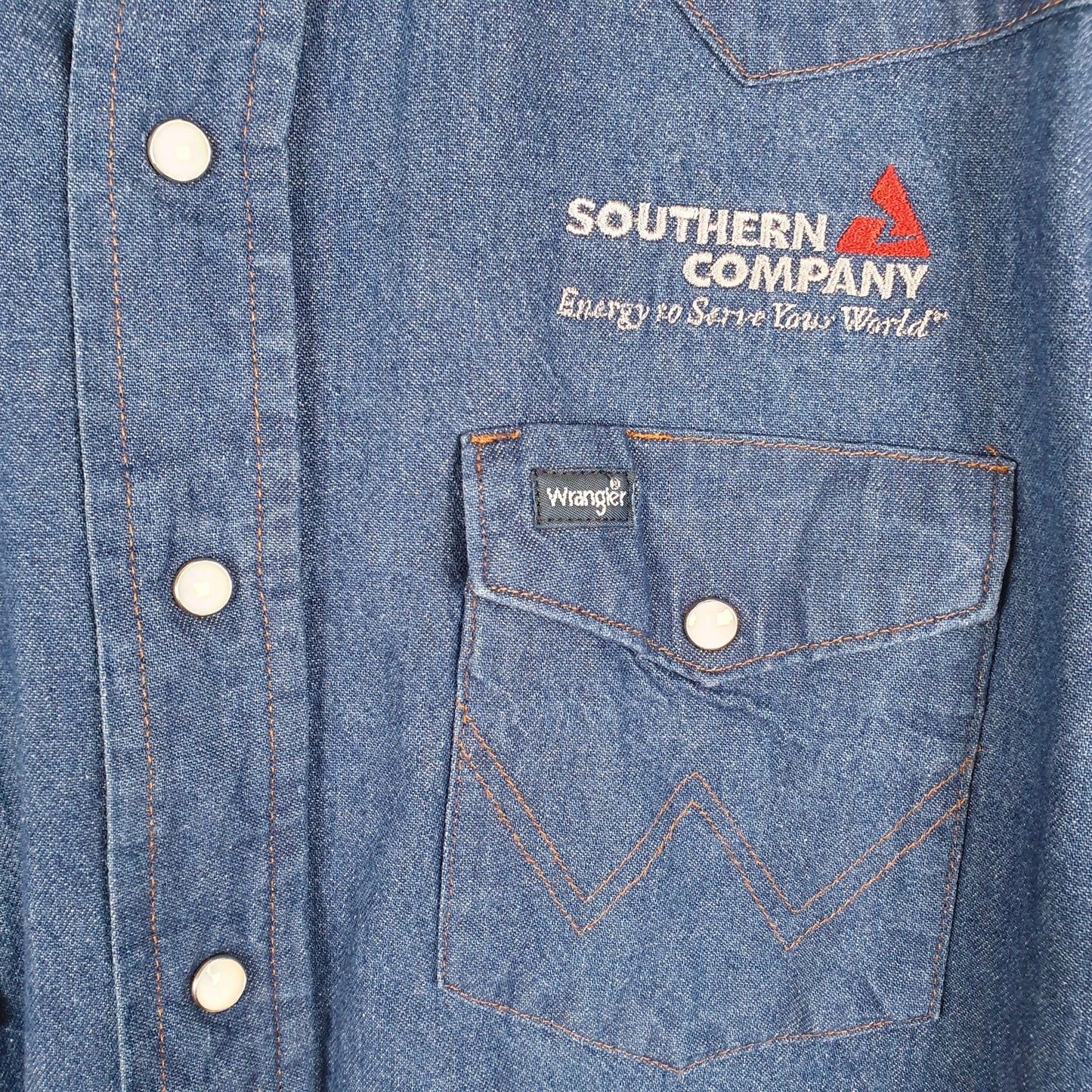 Mens Blue Wrangler Denim Jeans Western Pearl Snap Cowboy Southern Energy USA Long Sleeve Shirt