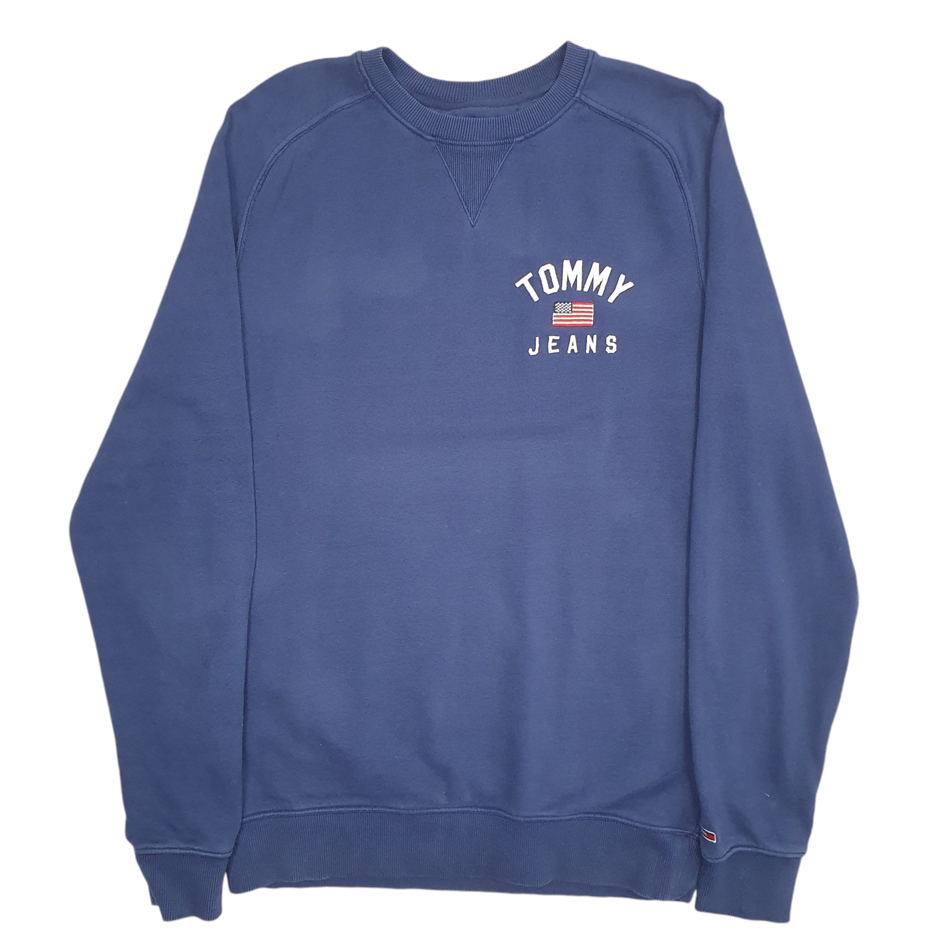 Mens Navy Tommy Hilfiger Jeans Spellout USA Flag Crewneck Jumper