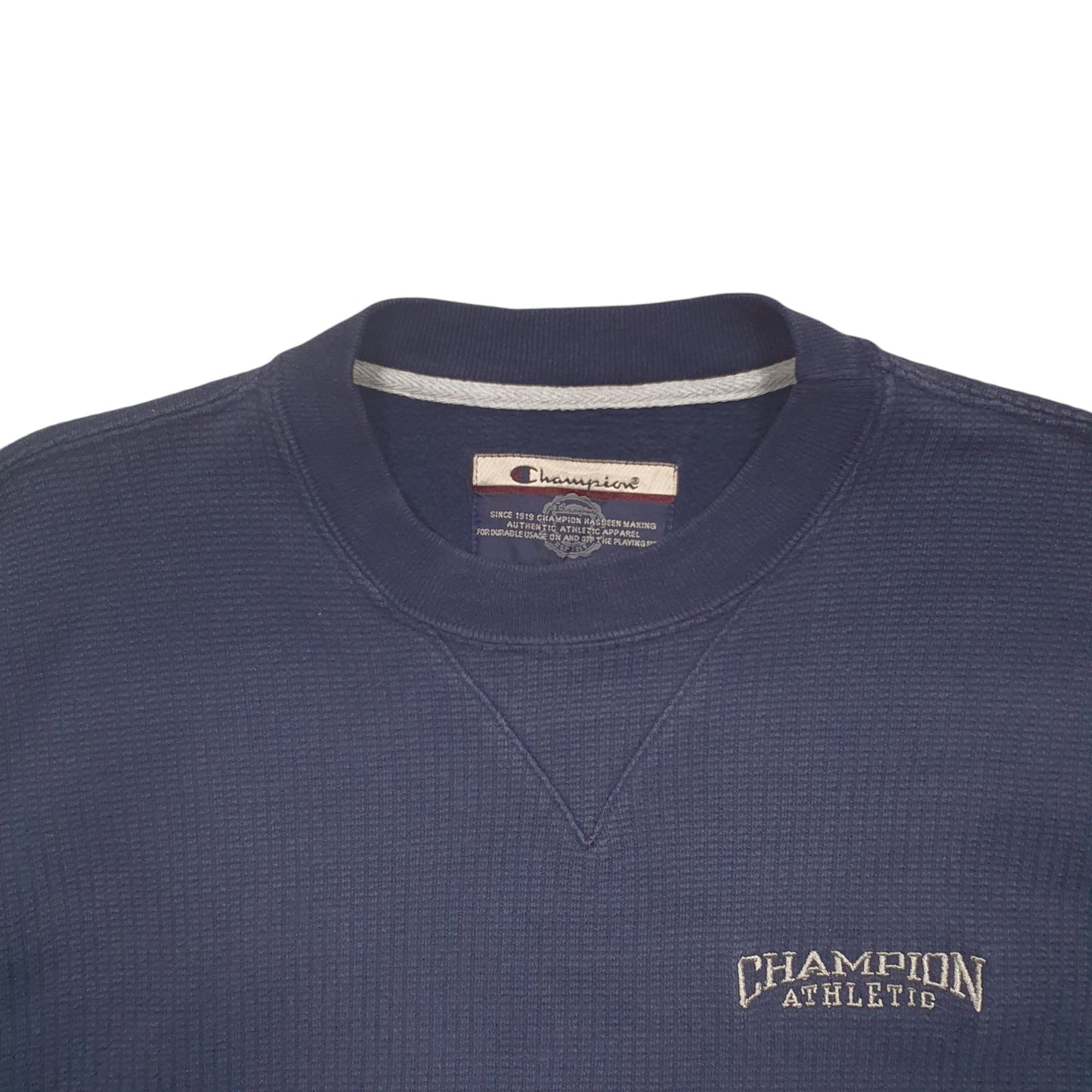 Mens Navy Champion Athletic Spellout Crewneck Jumper
