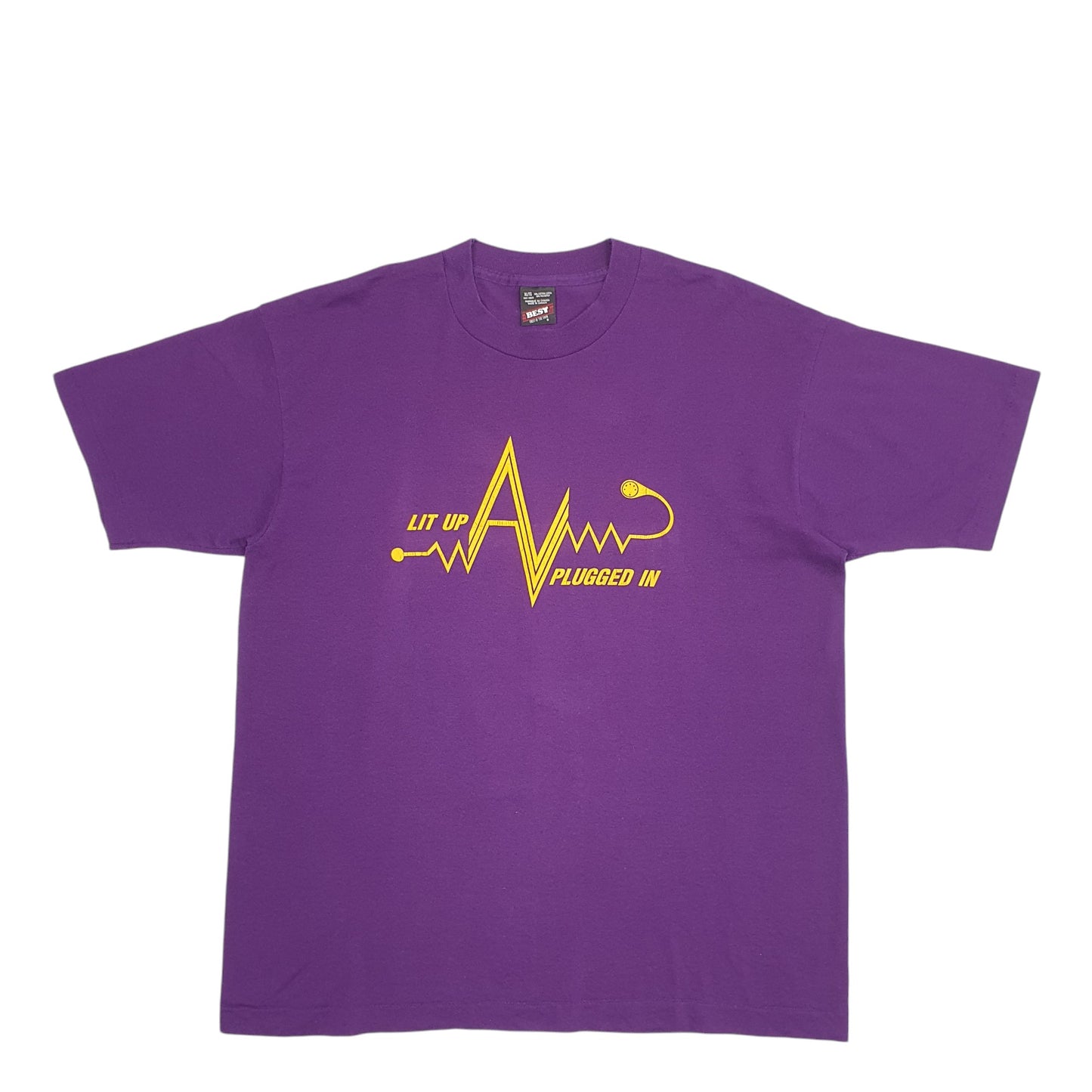 Mens Purple Fruit Of The Loom Single Stitch Vintage 90s Lit Up Plugged In Made In Canada Short Sleeve T Shirt