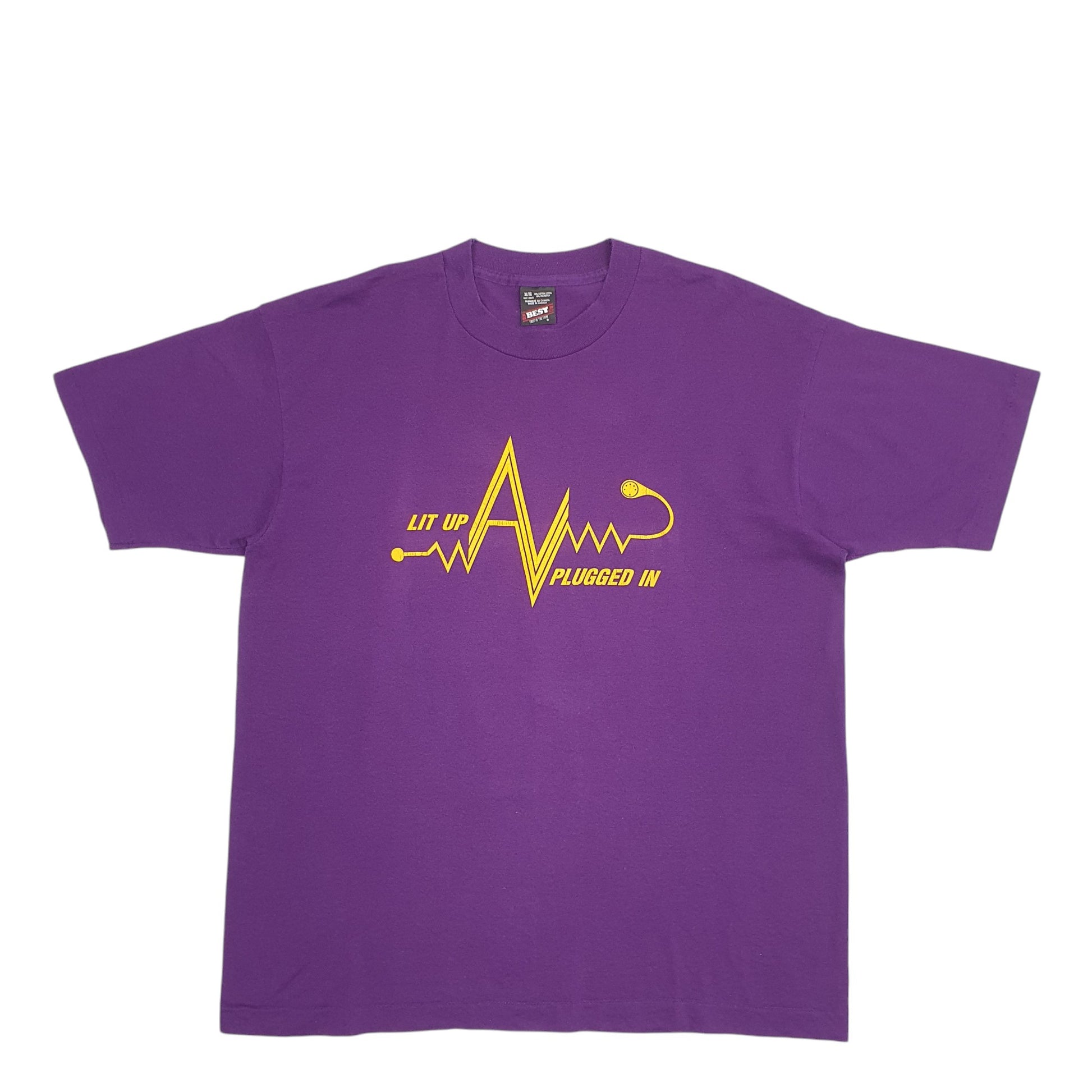 Mens Purple Fruit Of The Loom Single Stitch Vintage 90s Lit Up Plugged In Made In Canada Short Sleeve T Shirt